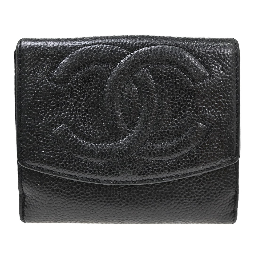 CHANEL CC Caviar Skin Bifold Wallet Black Leather: CHANEL CC Caviar Skin Bifold Wallet Black Leather Vintage Chanel bifold wallet in black caviar skin leather with the CC pattern and a folding design. The wallet includes a serial sticker and box. Cond