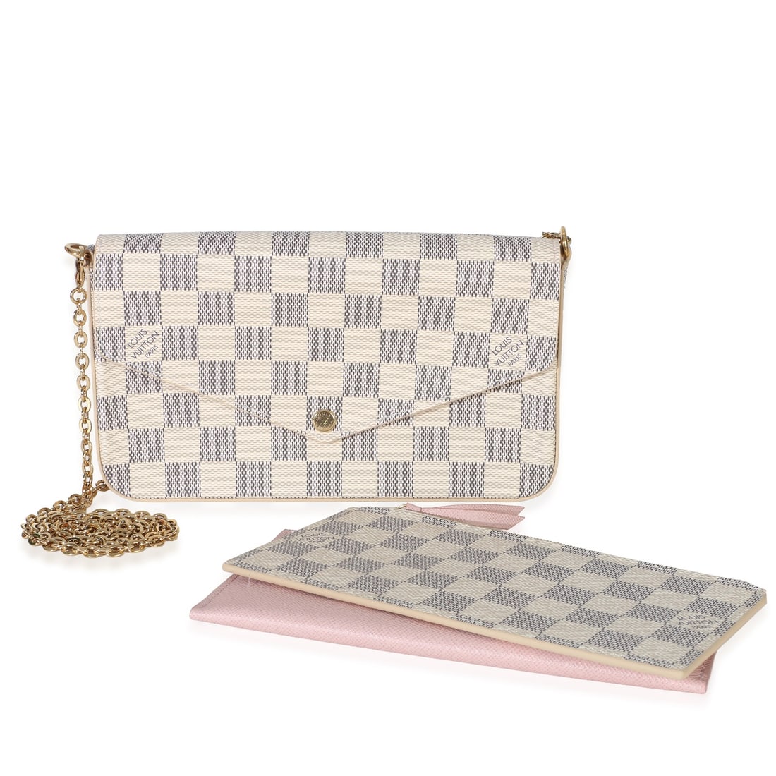Louis Vuitton Felicie Pochette Damier Azur Canvas Shoulder Bag: Louis Vuitton Felicie Pochette Damier Azur Canvas Shoulder Bag Pre-owned Louis Vuitton Felicie Pochette in Damier Azur canvas. This unisex shoulder bag features a snap closure, pink microfiber and can