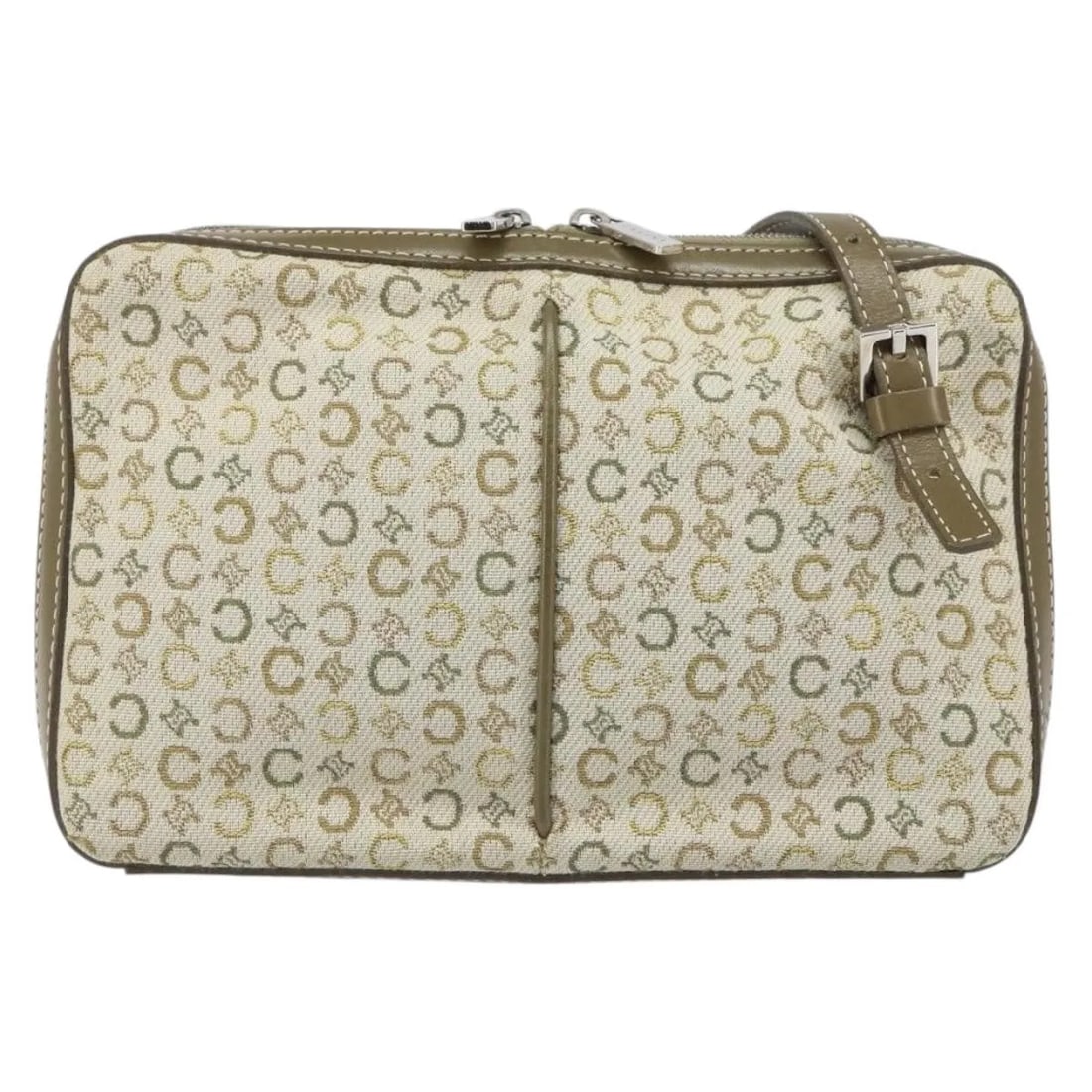 C Macadam Canvas Shoulder Bag by Celine in Khaki: C Macadam Canvas Shoulder Bag by Celine in Khaki This Celine C Macadam shoulder bag for women is crafted from khaki canvas with leather accents. It features a shoulder strap and metal fittings, showin