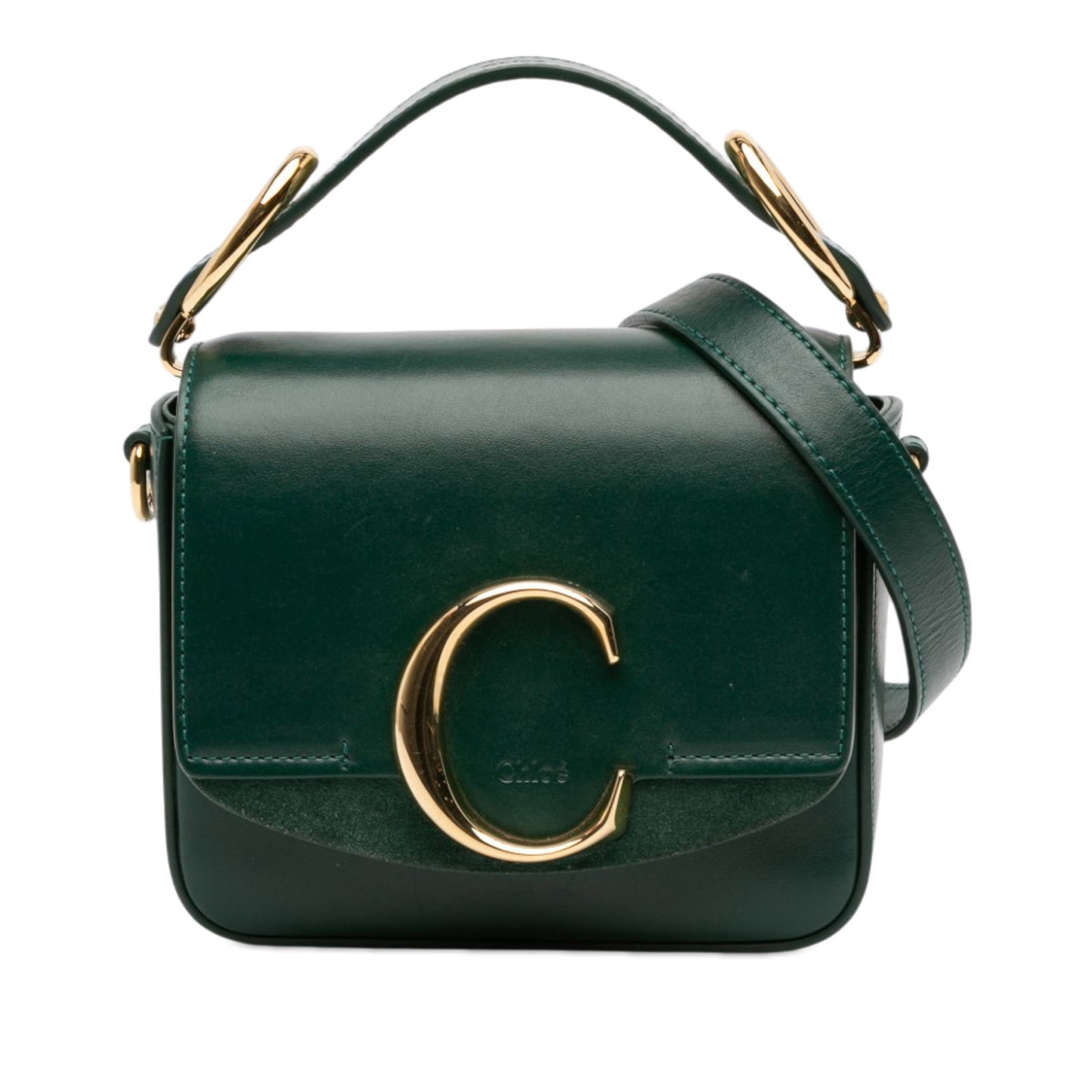 Chloe Mini C Leather Satchel Green Italy: Chloe Mini C Leather Satchel Green Italy This Chloe Mini Leather C Satchel features a green leather body with a flat leather top handle and an adjustable flat leather strap. The bag has a top flap wit