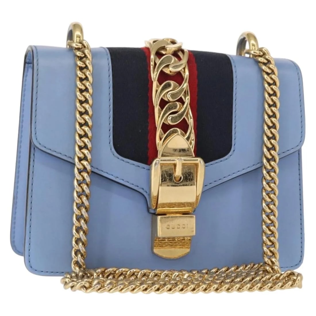 Gucci Sylvie Chain blue leather shoulder bag: Gucci Sylvie Chain blue leather shoulder bag The Gucci Sylvie Chain Shoulder Bag in blue leather is designed for women and features a classic chain shoulder strap. This pre-owned bag is in good condit