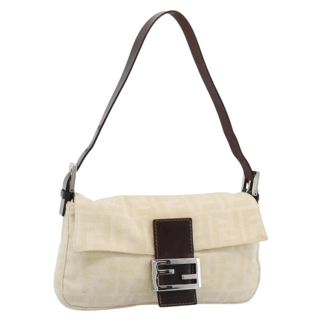 Fendi Mamma Baguette Shoulder Bag in Beige Silver Zucca Canvas: Fendi Mamma Baguette Shoulder Bag in Beige Silver Zucca Canvas FENDI Mamma Baguette shoulder bag in beige and silver Zucca canvas. Made in Italy, this women's bag includes a dust bag and shows reasona