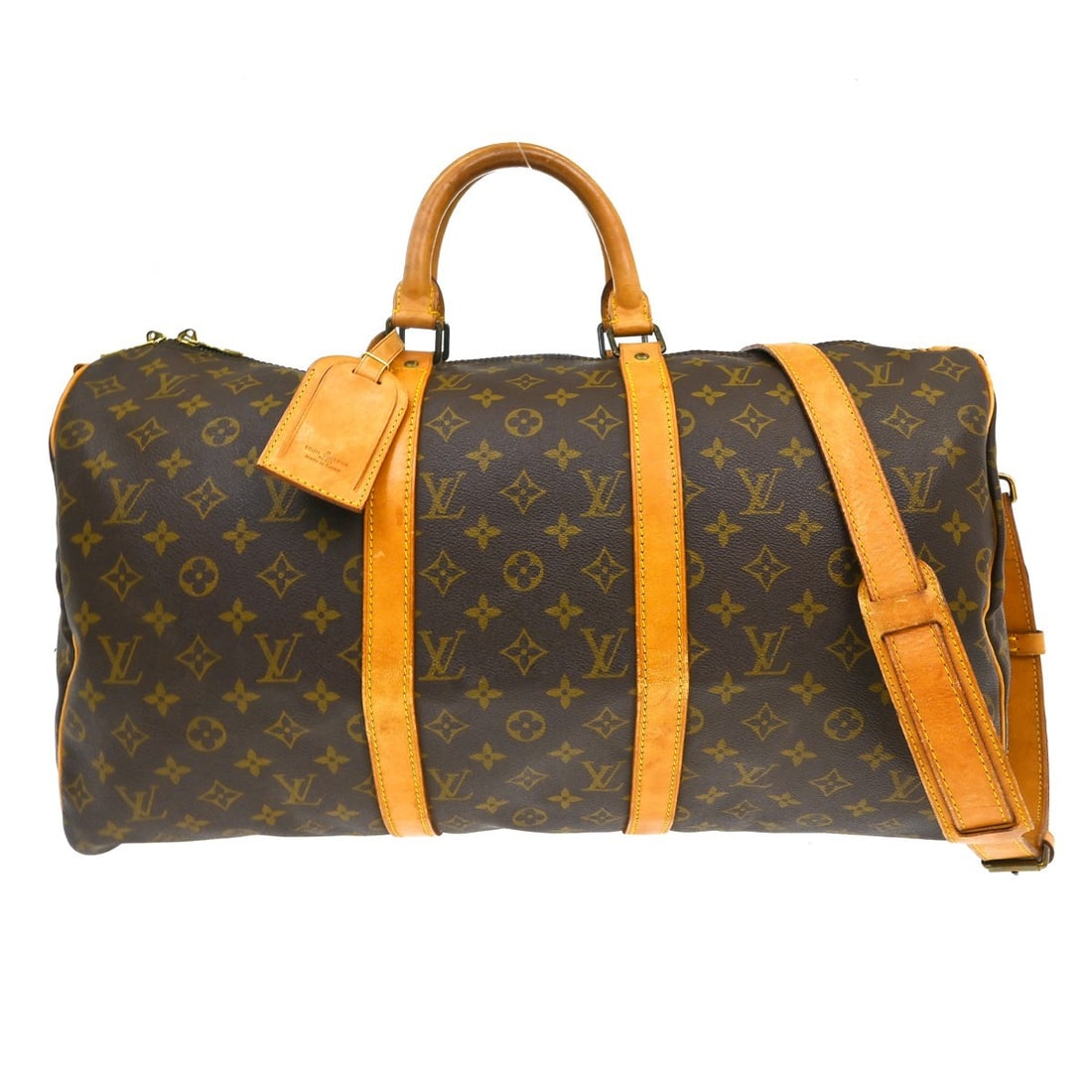 Louis Vuitton Keepall Bandouliere 50 Monogram Travel Bag M41416: Louis Vuitton Keepall Bandouliere 50 Monogram Travel Bag M41416 Vintage Louis Vuitton Keepall 50 Bandouliere travel handbag in Monogram canvas with leather trim and double handles. This unisex bag fea