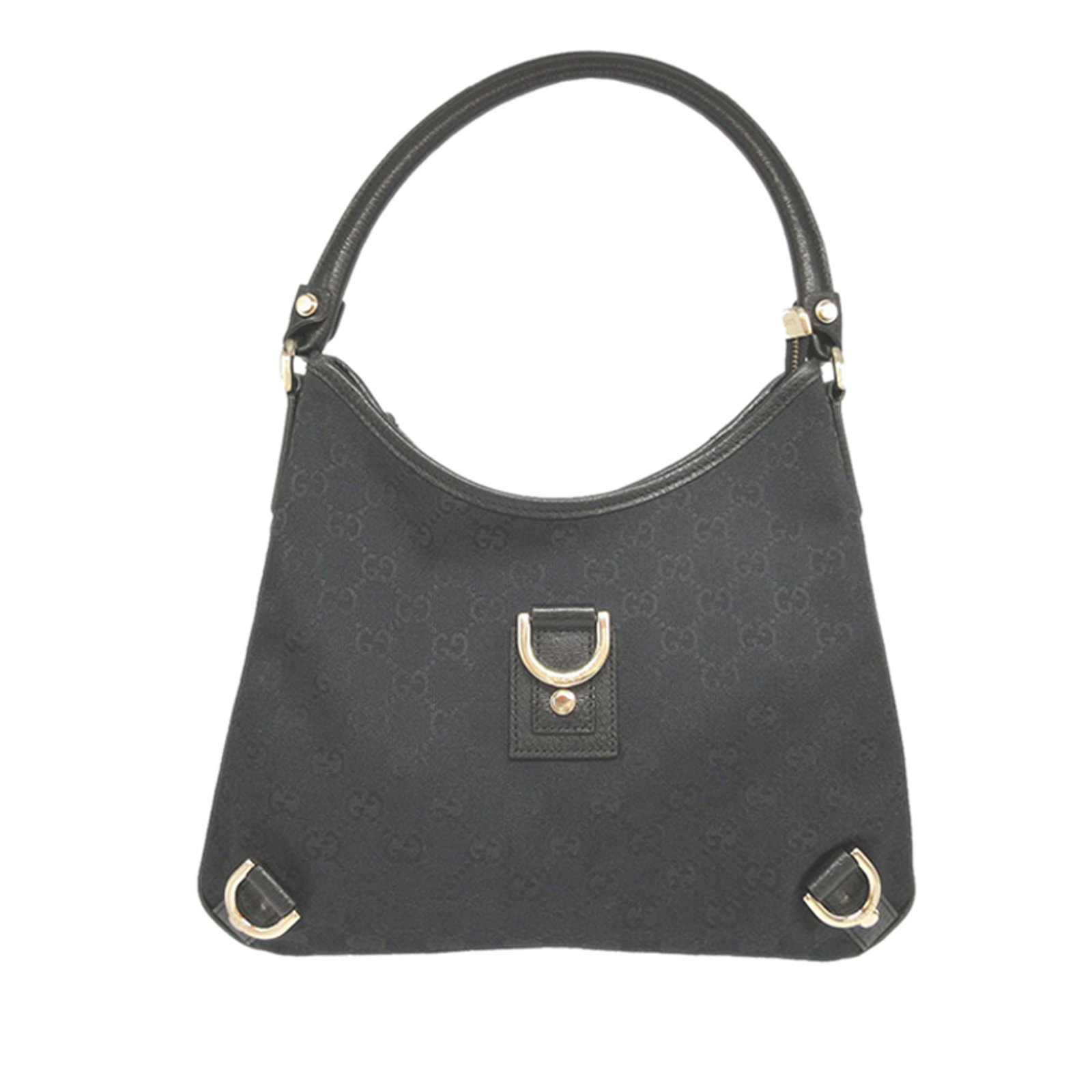 Gucci Abbey D Ring Shoulder Bag in Black GG Canvas: Gucci Abbey D Ring Shoulder Bag in Black GG Canvas Gucci Abbey D Ring shoulder bag in black GG canvas with leather trim. This shoulder bag features a rolled leather strap, top zip closure, and an inte