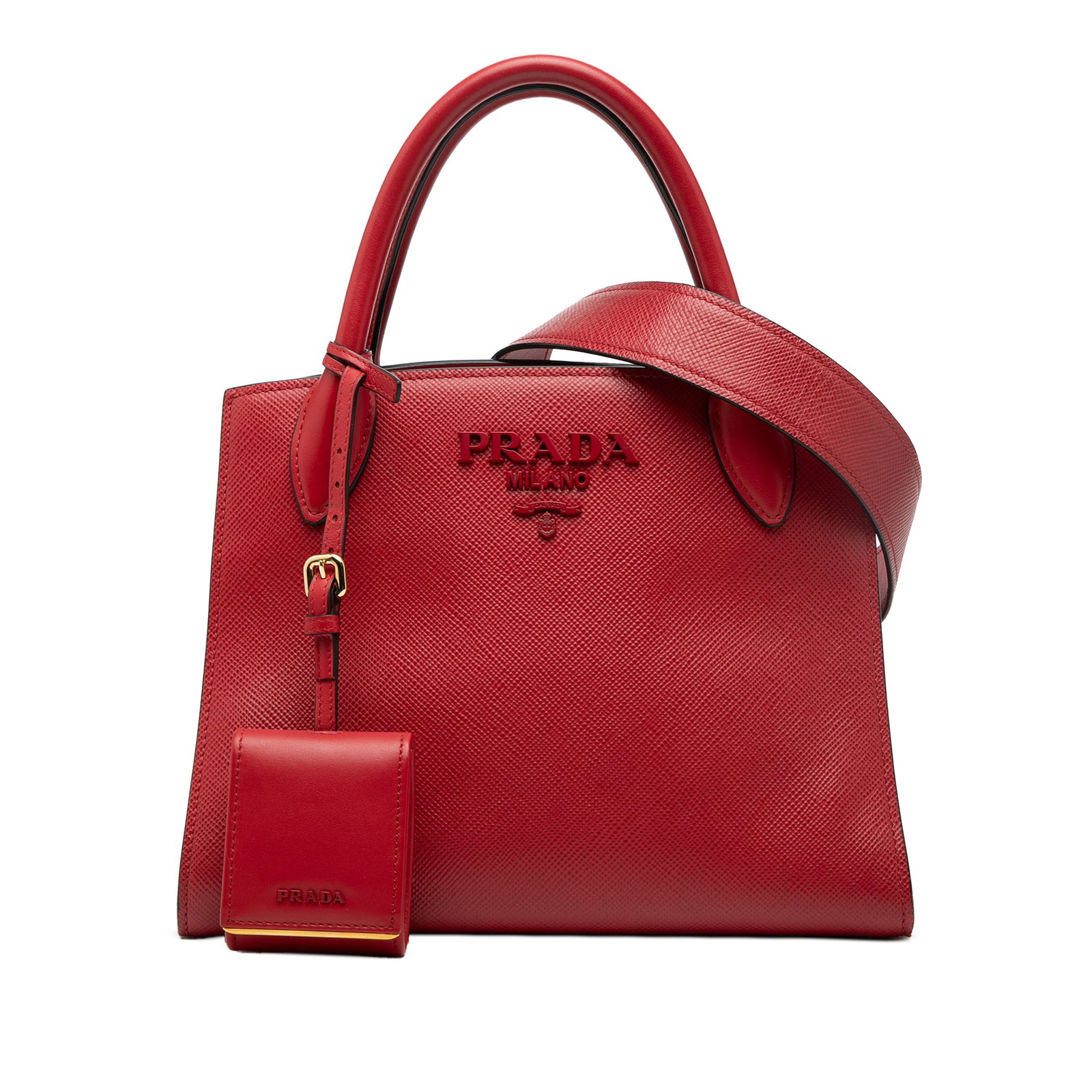 Prada Saffiano Leather Monochrome Small Satchel with Top Handles Red: Prada Saffiano Leather Monochrome Small Satchel with Top Handles Red This Prada Small Saffiano Cuir Monochrome Top Handle Tote features a saffiano leather body in red, complemented by rolled leather h