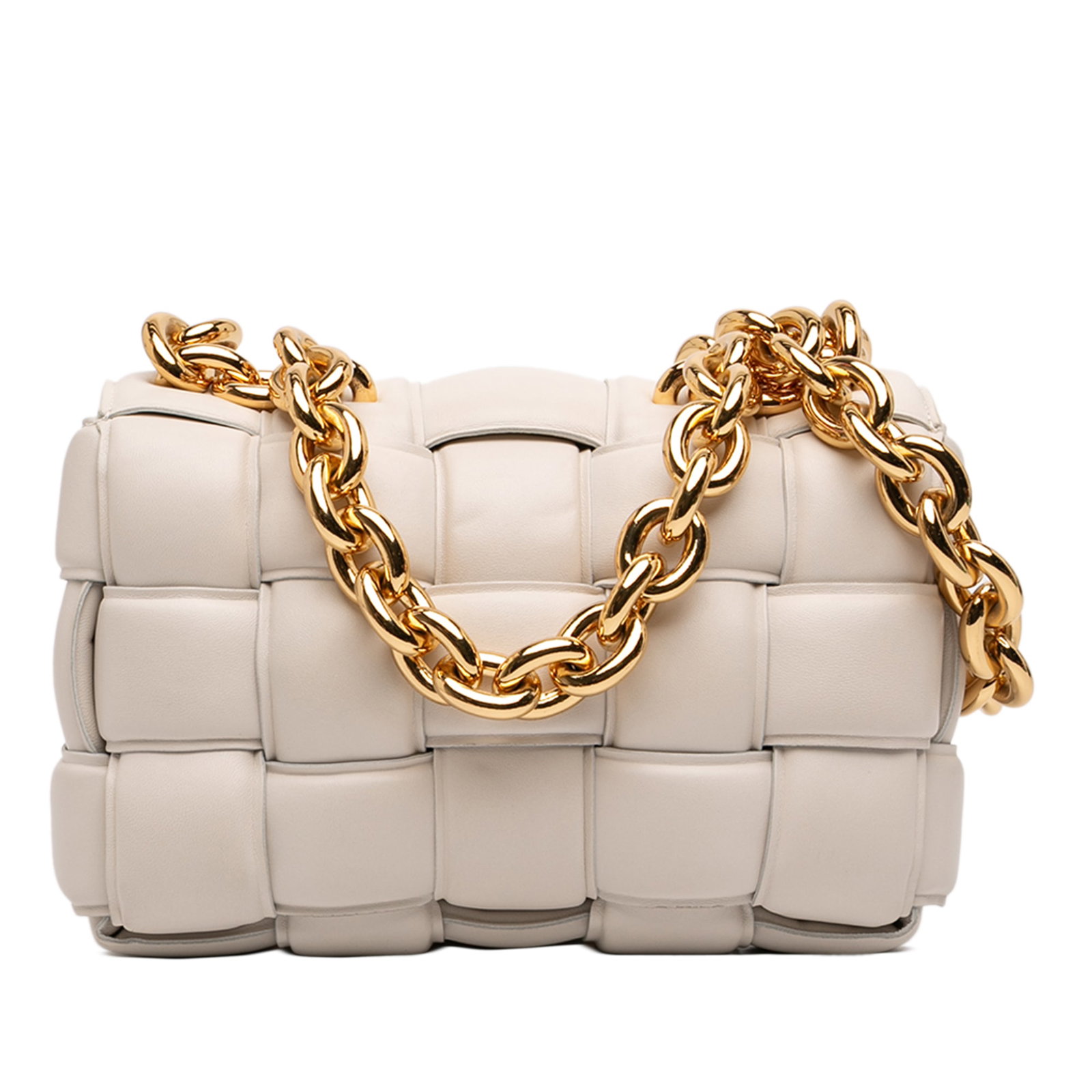 Bottega Veneta Chain Cassette Satchel in White Nappa Leather: Bottega Veneta Chain Cassette Satchel in White Nappa Leather Bottega Veneta Nappa Intrecciato Padded Chain Cassette Satchel in white padded woven nappa leather. This satchel features a gold-tone chain