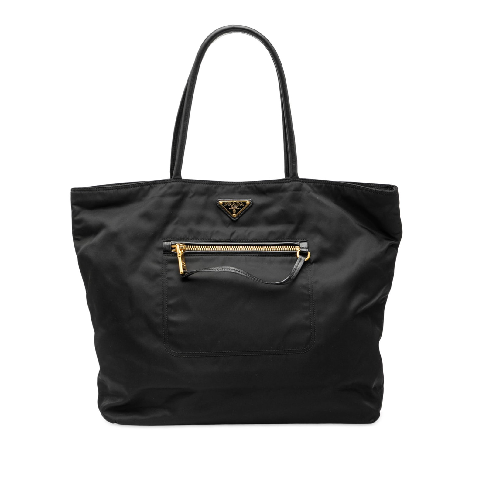 Black Nylon Prada Tessuto Tote Bag with Leather Handles and Zip Pockets: Black Nylon Prada Tessuto Tote Bag with Leather Handles and Zip Pockets This Prada Tessuto Tote is crafted with a black nylon body and features rolled leather handles for comfortable carrying. The bag