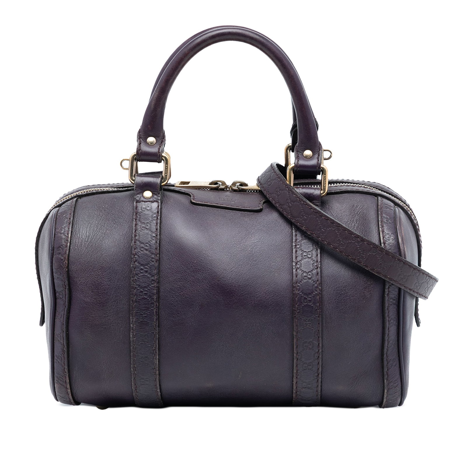 Gucci Purple Leather Joy Boston Satchel Small Guccissima: Gucci Purple Leather Joy Boston Satchel Small Guccissima This satchel features a leather body with embossed leather trim, rolled leather handles, and a detachable flat leather shoulder strap. It is de