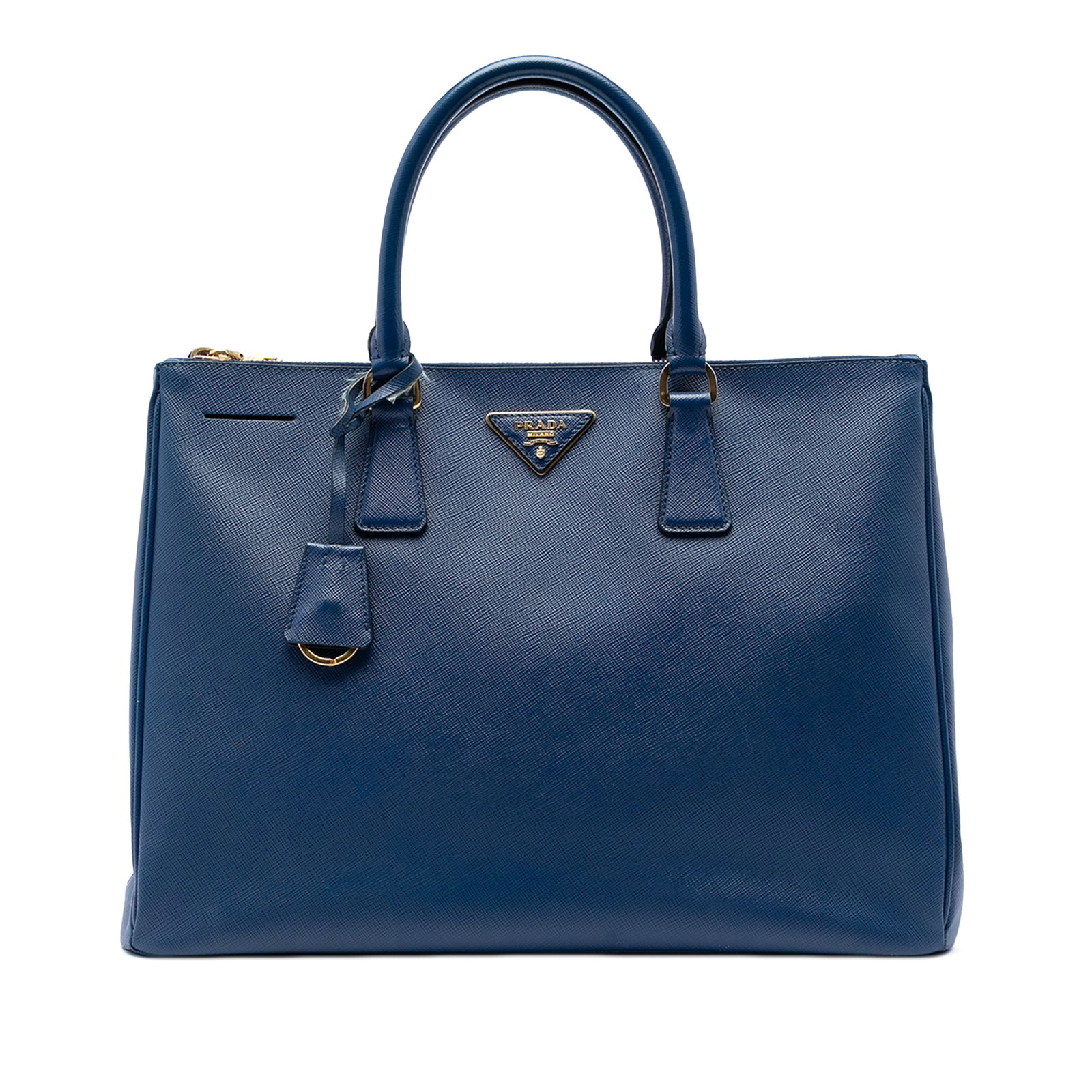 Prada Galleria Double Zip Tote Large Saffiano Lux Blue Leather: Prada Galleria Double Zip Tote Large Saffiano Lux Blue Leather Prada Large Saffiano Lux Galleria Double Zip Tote in blue saffiano leather. This structured tote features rolled leather handles, an open