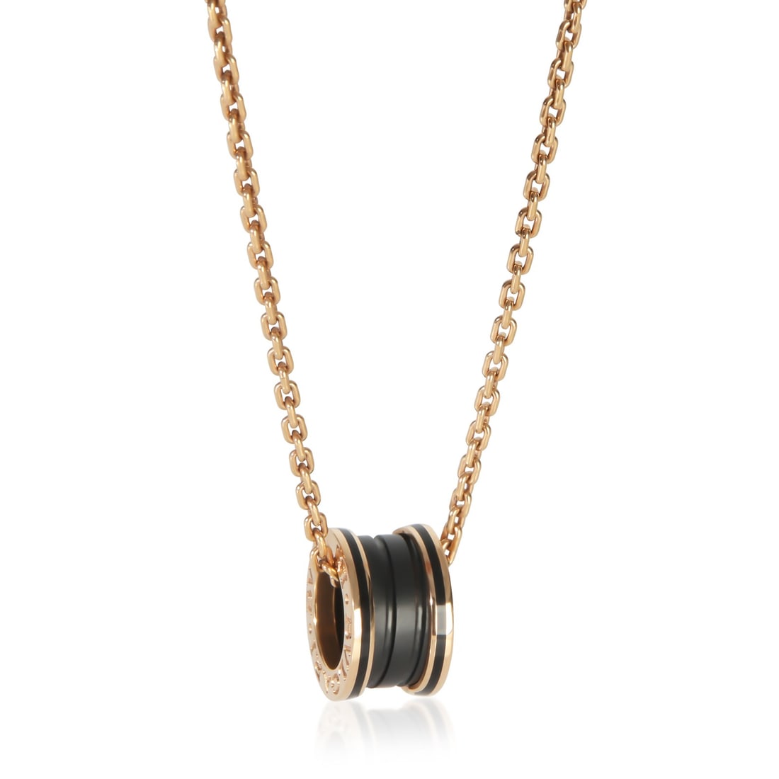 BVLGARI B.zero1 18k Rose Gold Ceramic Necklace with Box Papers: BVLGARI B.zero1 18k Rose Gold Ceramic Necklace with Box Papers Pre-owned BVLGARI B.zero1 necklace in rose gold and ceramic. This unisex design features a lobster claw clasp and comes with its original
