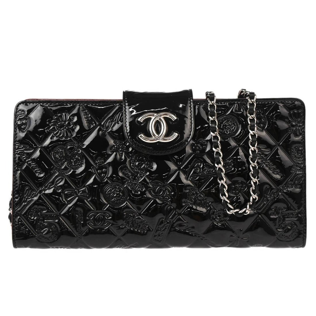 CHANEL Icon WOC patent leather wallet on chain black: CHANEL Icon WOC patent leather wallet on chain black Chanel black patent leather WOC chain shoulder wallet bag with a sleek compact profile and organized interior. The exterior shows scuffing along th