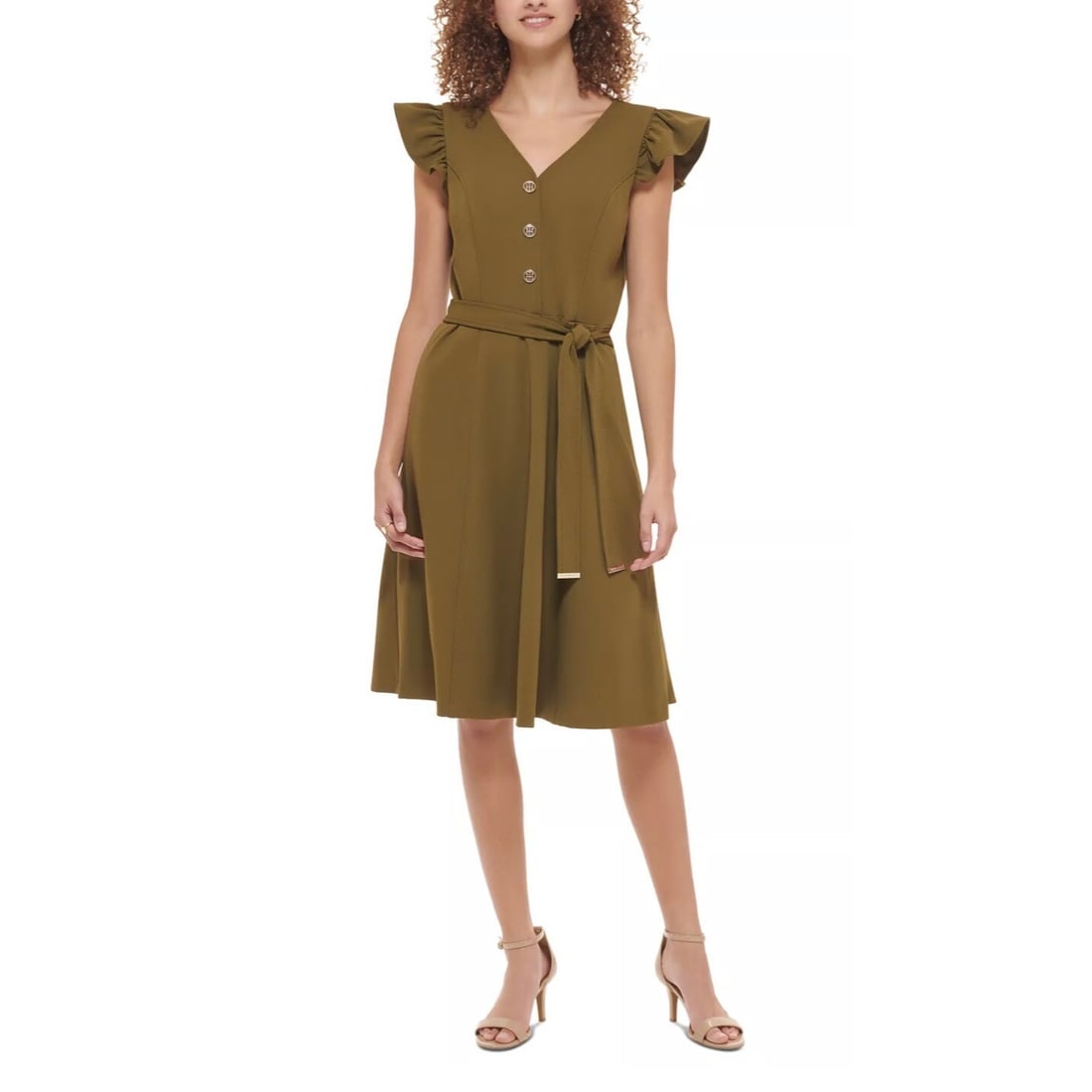 Tommy Hilfiger Women's Dark Olive Flutter Sleeve Belted Dress Size 12 (1 of 3)