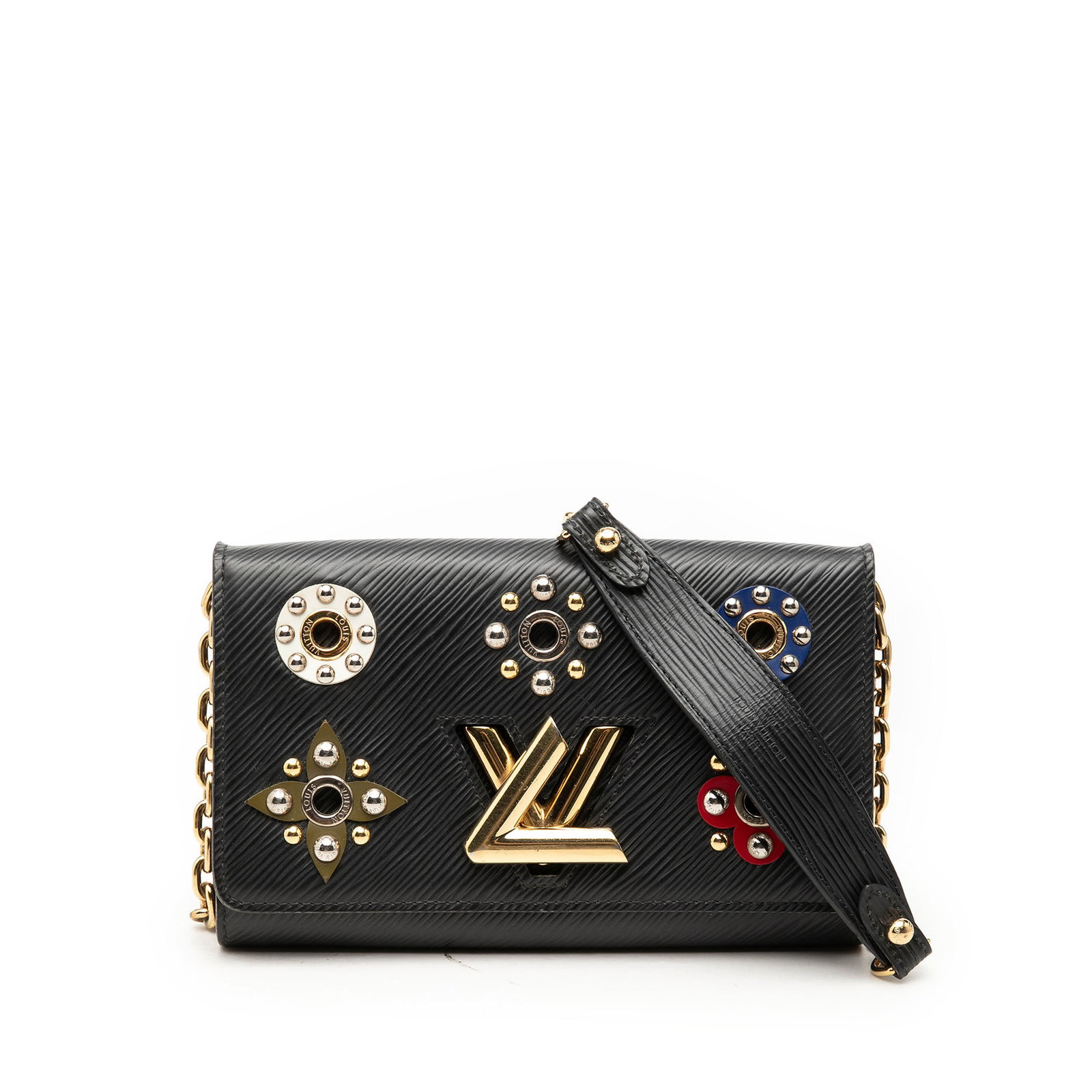 Louis Vuitton Twist Chain Wallet in Black Epi Leather: Louis Vuitton Twist Chain Wallet in Black Epi Leather Louis Vuitton Epi Mechanical Flowers Twist Chain Wallet in black leather with a chain link shoulder strap and leather guard. The design features a