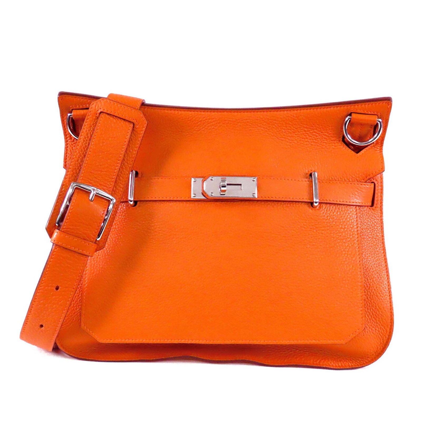 Hermes Orange Clemence Jypsiere 34 Leather Bag: Hermes Orange Clemence Jypsiere 34 Leather Bag The Hermes Clemence Jypsiere 34 showcases an orange Clemence leather body, complemented by a detachable flat shoulder strap with buckle adjustment. It fe