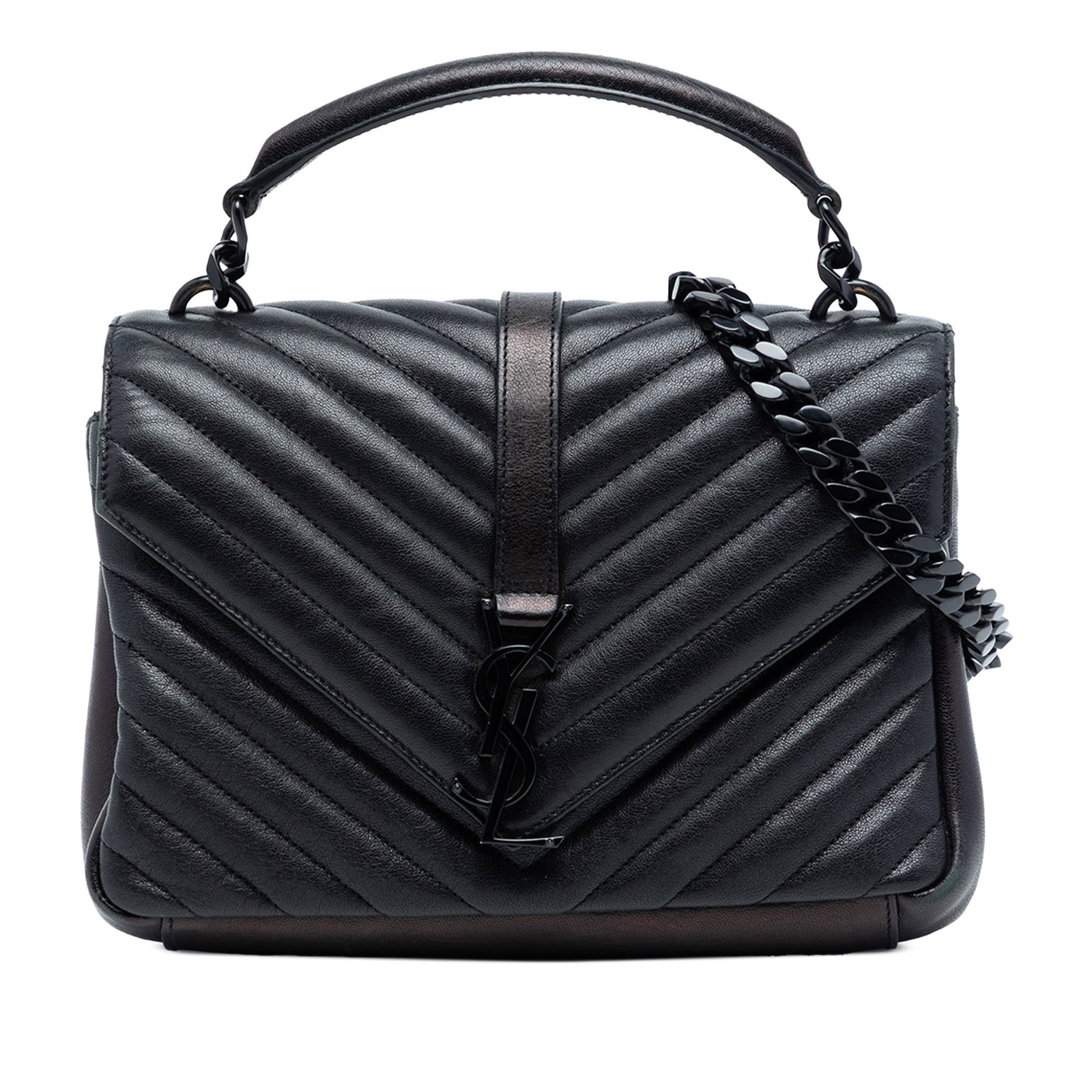 Saint Laurent College Bag Medium Quilted Sheepskin Black Top Handle Satchel: Saint Laurent College Bag Medium Quilted Sheepskin Black Top Handle Satchel This Saint Laurent Medium Chevron Sheepskin Monogram Monochrome College Bag showcases a quilted sheepskin body in black, com
