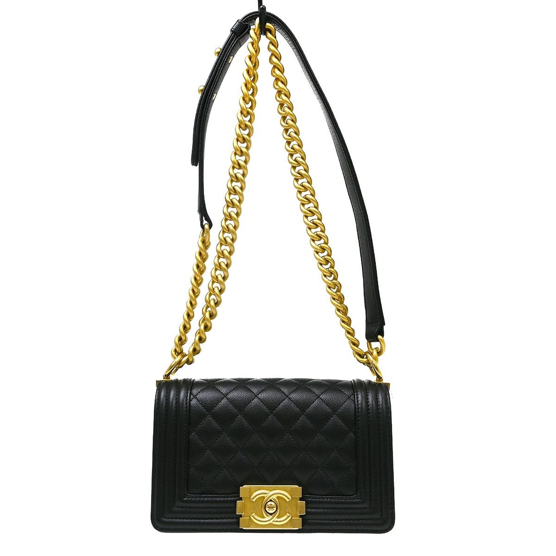 Chanel Boy Mini Black Caviar Leather Shoulder Bag Chain Strap: Chanel Boy Mini Black Caviar Leather Shoulder Bag Chain Strap Boy Chanel small chain shoulder bag in black caviar skin leather with a clasp flap closure, chain shoulder strap, fabric lining, and one i