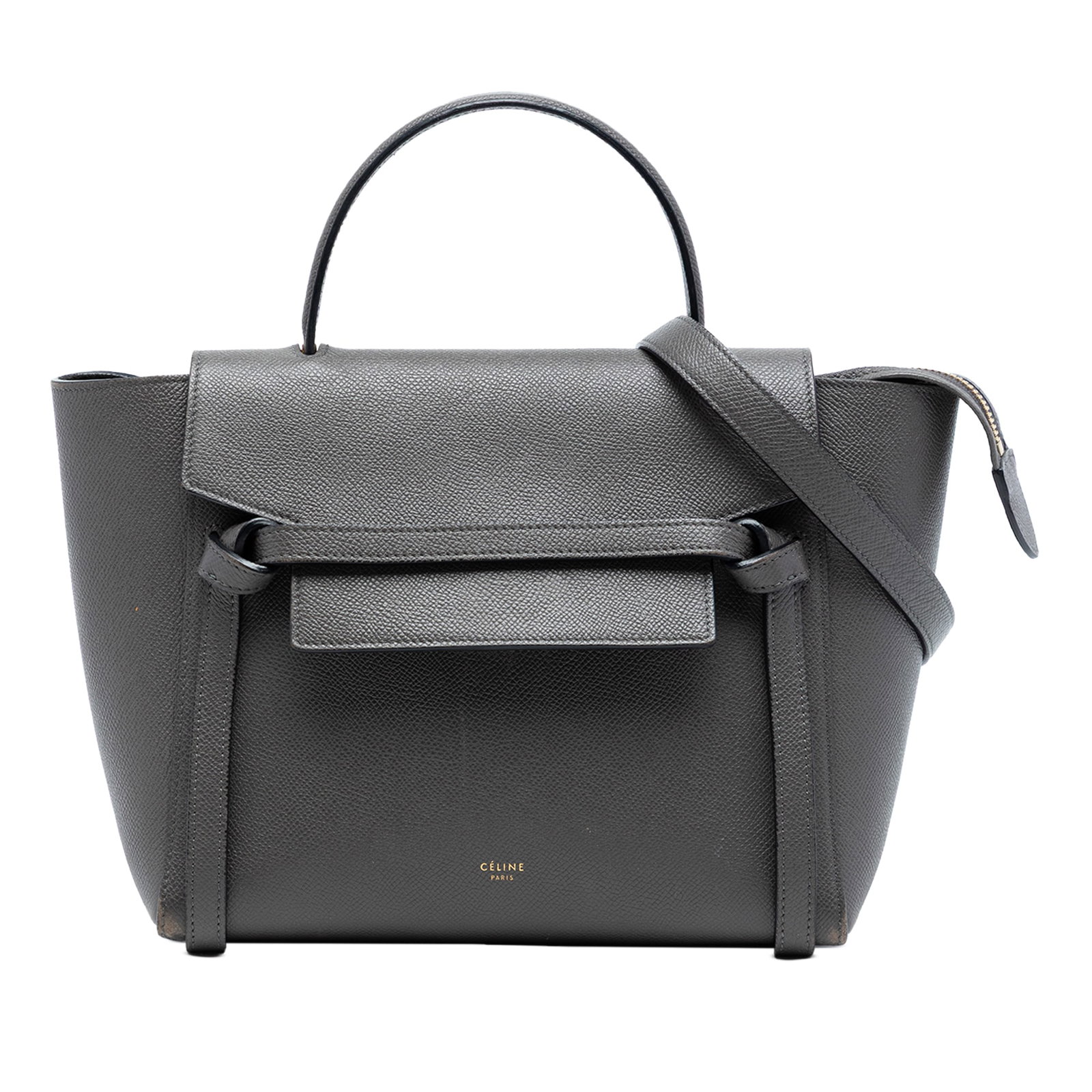 Celine Micro Belt Bag in Grained Calfskin Leather Gray: Celine Micro Belt Bag in Grained Calfskin Leather Gray This Celine Micro Grained Calfskin Belt Bag is crafted from quality leather in a sophisticated gray color. It features a flat leather top handle,