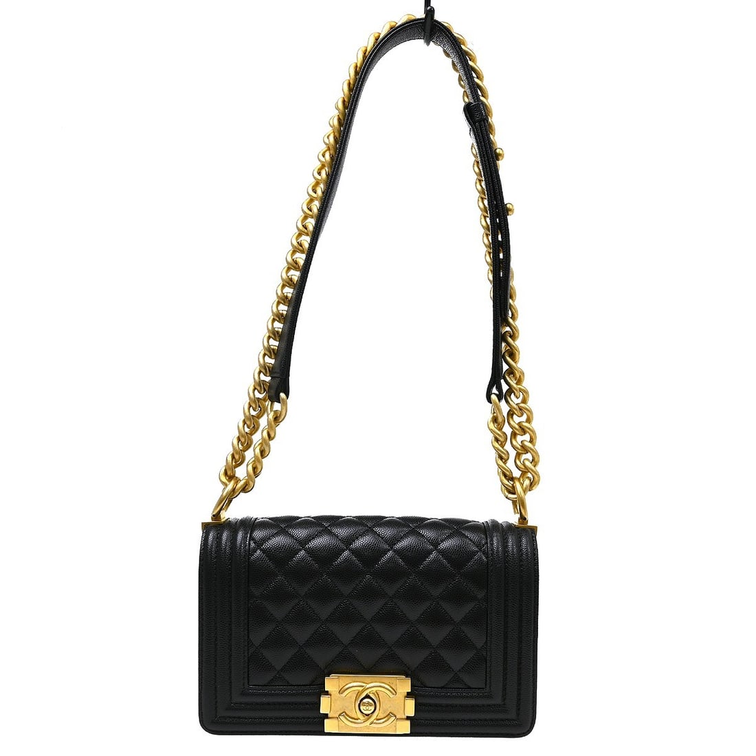 CHANEL Boy Chanel Mini Black Leather Chain Strap Shoulder Bag: CHANEL Boy Chanel Mini Black Leather Chain Strap Shoulder Bag Boy Chanel small chain shoulder bag in black caviar skin leather with a clasp flap closure, chain shoulder strap, fabric lining, and one i