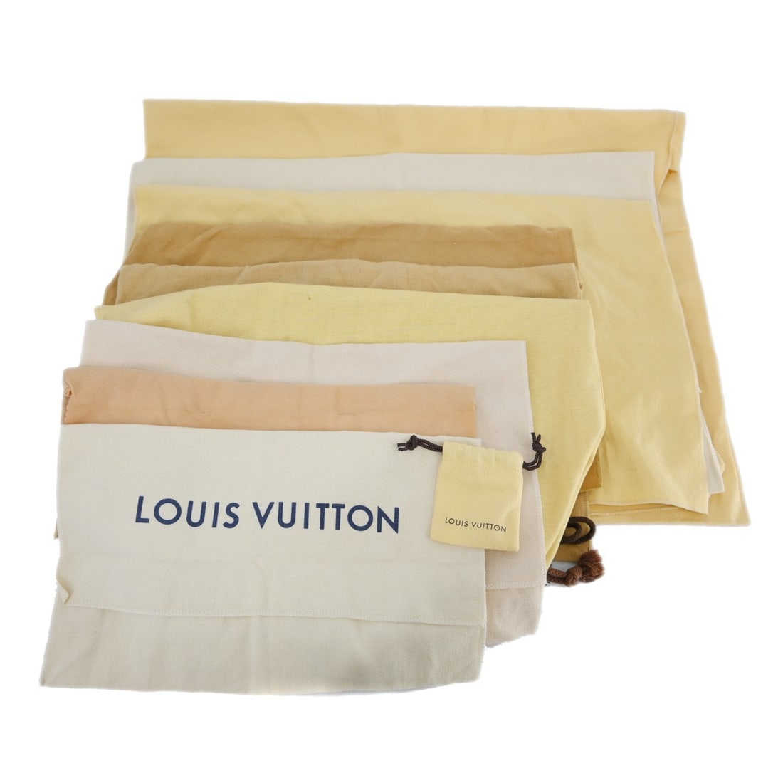 Set of 10 Louis Vuitton Cotton Dustbags in Brown Beige: Set of 10 Louis Vuitton Cotton Dustbags in Brown Beige Set of 10 Louis Vuitton dust bags in brown and beige cotton. These unisex dustbags show overall signs of use with reasonable wear and tear. The s
