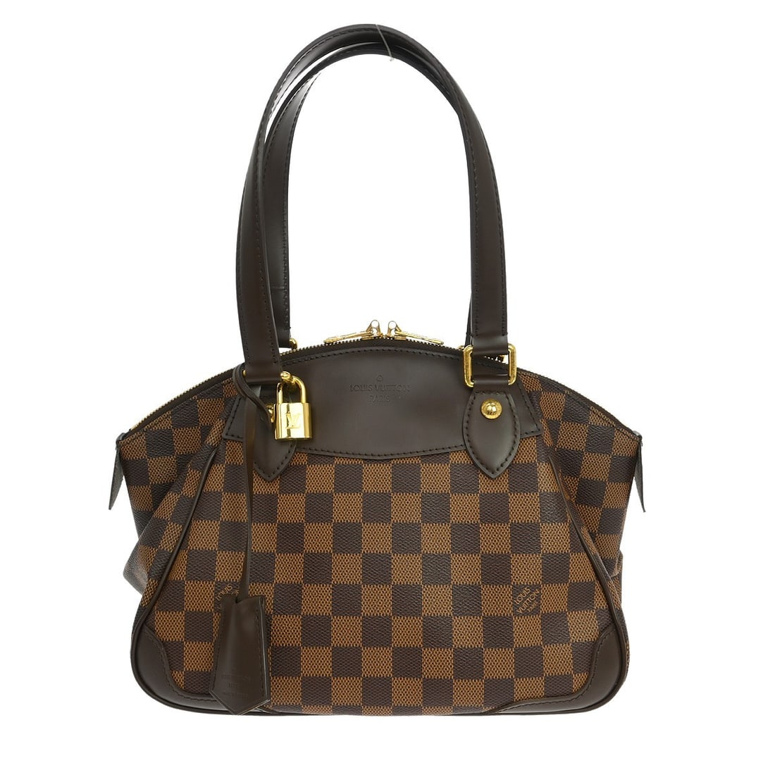 Louis Vuitton Verona PM Damier top handle bag N41117: Louis Vuitton Verona PM Damier top handle bag N41117 Louis Vuitton Verona PM handbag in brown Damier canvas with leather trim and a zip closure. This women's top handle bag features a red lining, one 