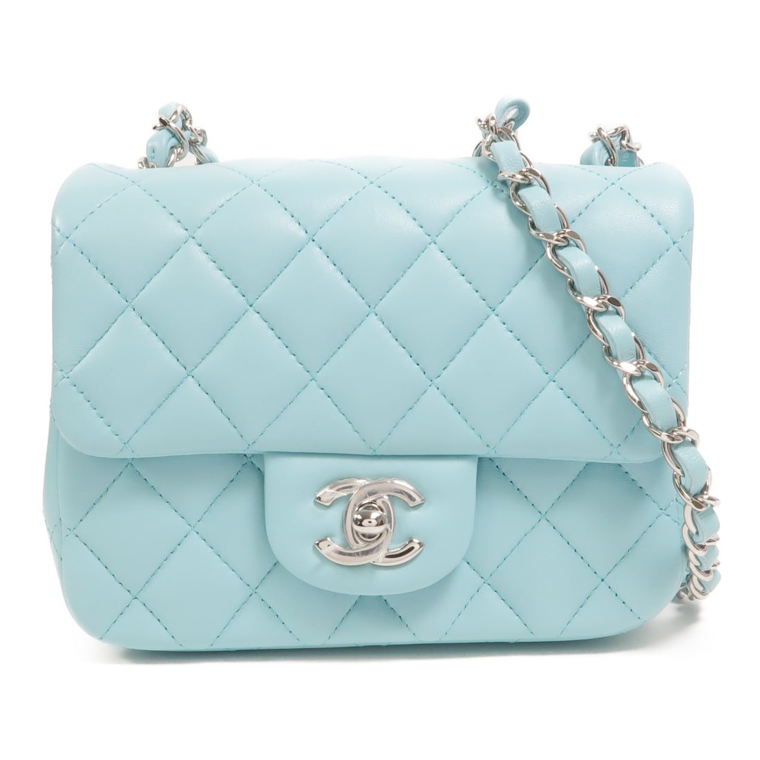 CHANEL Mini Classic CC Lambskin Shoulder Bag Light Blue: CHANEL Mini Classic CC Lambskin Shoulder Bag Light Blue This CHANEL CC Mini Classic 17 chain shoulder bag features luxurious lambskin leather in a light blue color. Designed for women, it has a compac