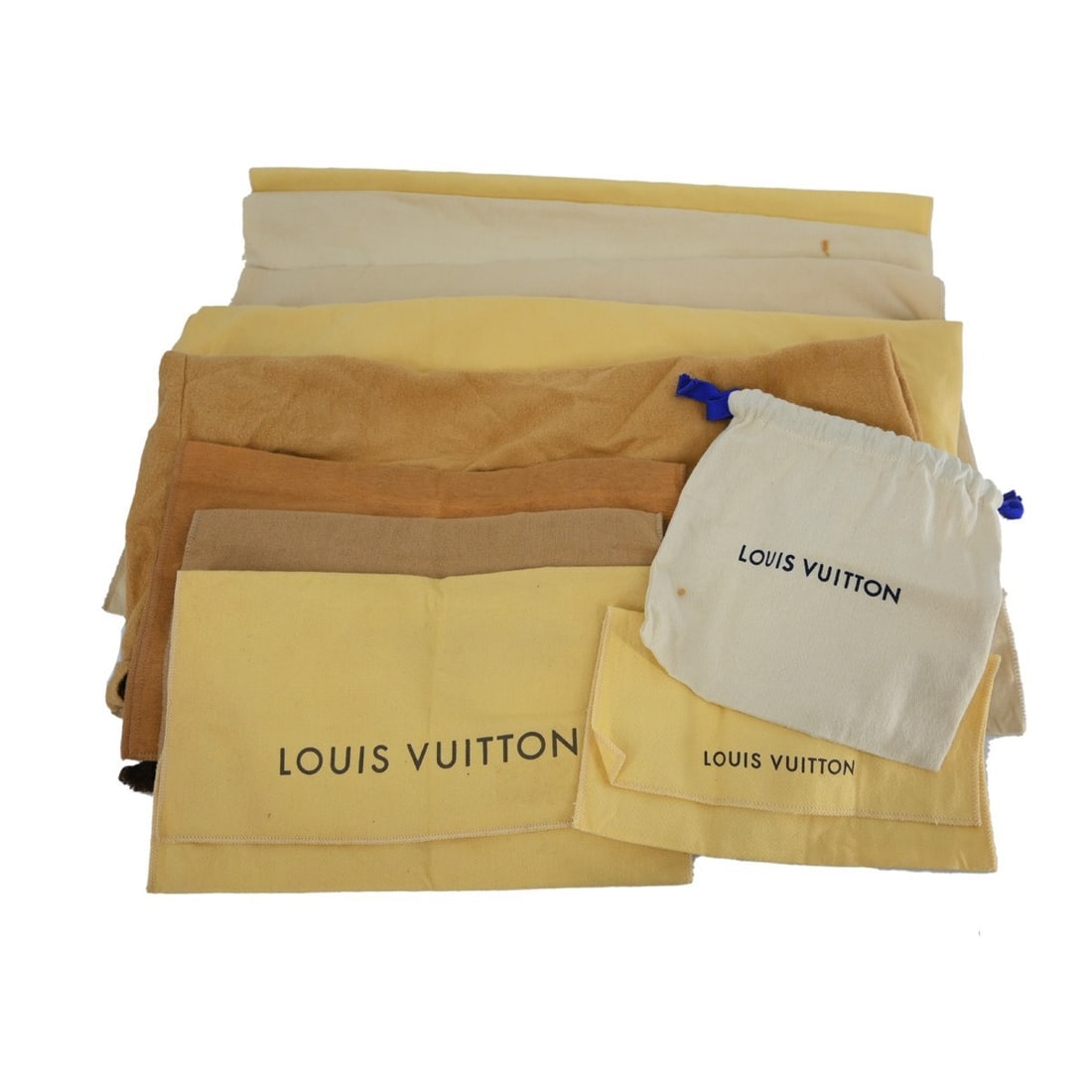 Set of 10 Louis Vuitton Cotton Dustbags Brown Beige: Set of 10 Louis Vuitton Cotton Dustbags Brown Beige Set of 10 Louis Vuitton dust bags in brown and beige 100% cotton. These unisex dustbags show overall signs of use with reasonable wear and tear. The