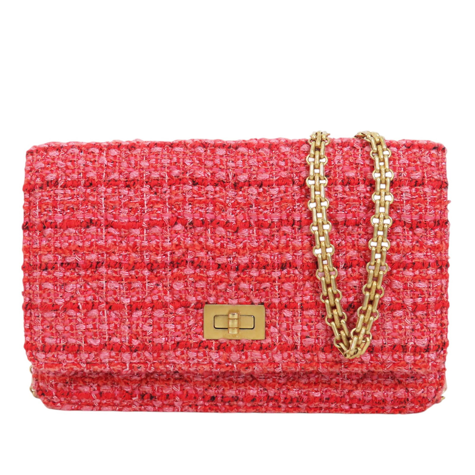 Chanel Reissue 2.55 Quilted Tweed Wallet on Chain Bag: Chanel Reissue 2.55 Quilted Tweed Wallet on Chain Bag Chanel Quilted Tweed Reissue 2.55 Wallet On Chain in red fabric with a quilted finish. This bag features a chain link strap, a front flap with twi