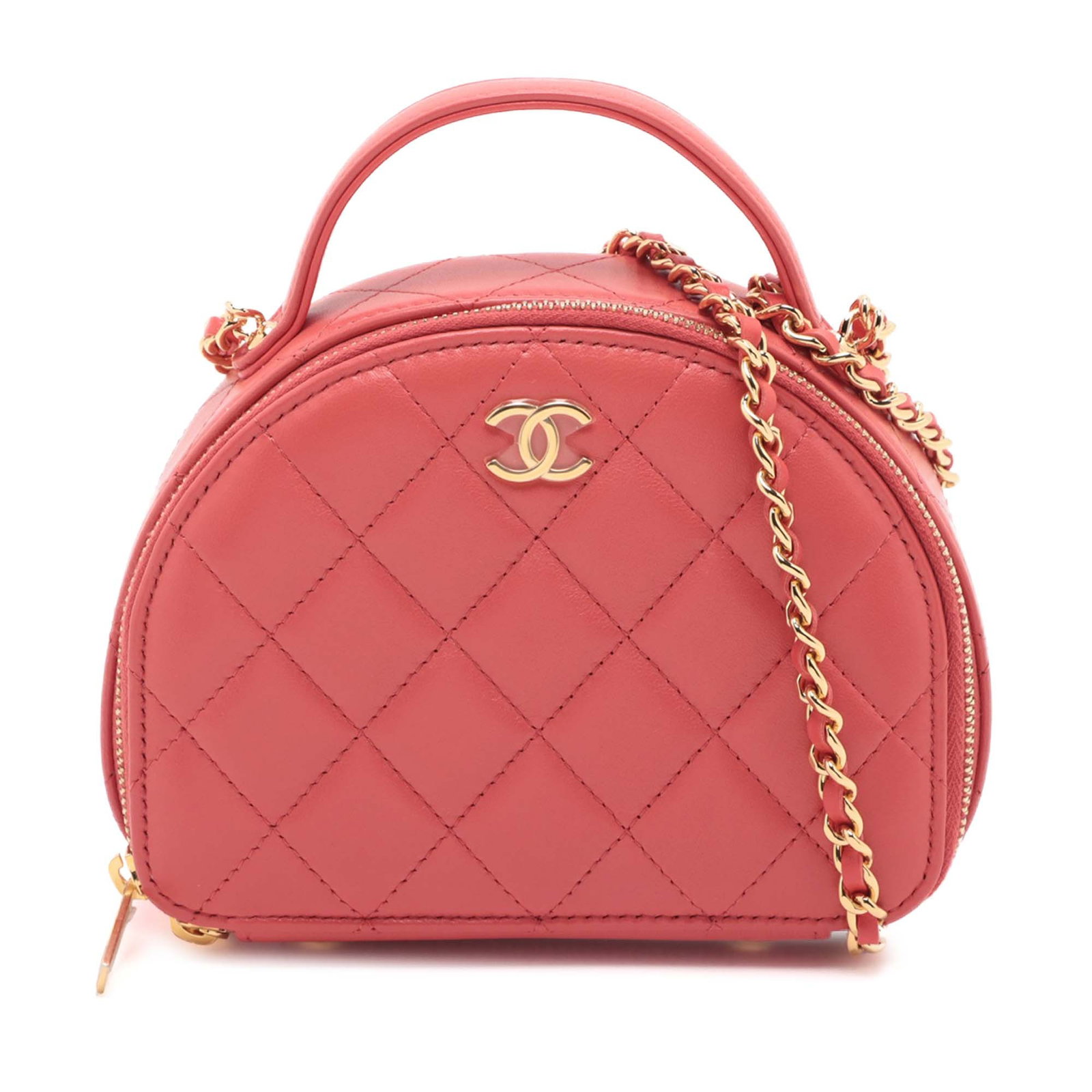 Chanel Chic Riviera Quilted Lambskin Vanity Bag with Top Handle: Chanel Chic Riviera Quilted Lambskin Vanity Bag with Top Handle This Chanel Quilted Lambskin Chic Riviera Top Handle Vanity Case features a luxurious quilted lambskin leather exterior in red, compleme