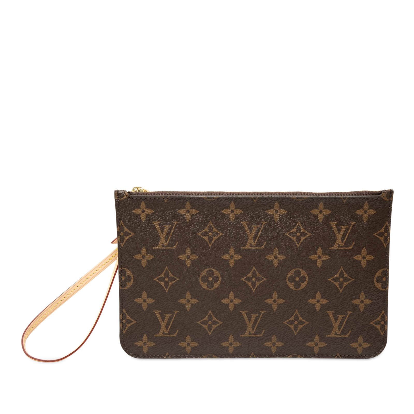 Louis Vuitton Neverfull MM Monogram Wristlet Pouch: Louis Vuitton Neverfull MM Monogram Wristlet Pouch Louis Vuitton Monogram Neverfull MM Pouch in brown monogram canvas with a flat vachetta leather wrist strap, top zip closure, and an interior slip po