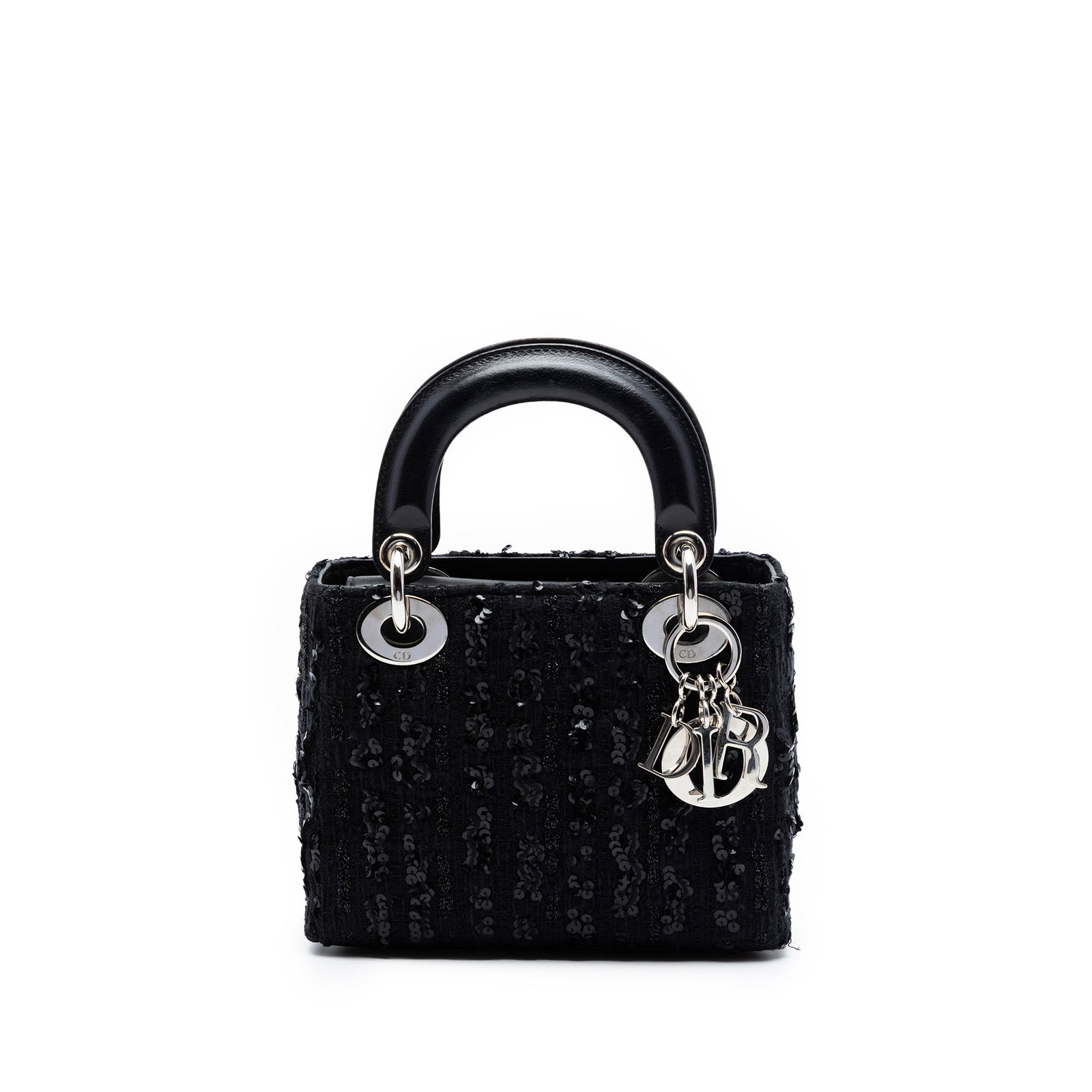 Dior Lady Dior Mini Tweed Sequin Handbag Black: Dior Lady Dior Mini Tweed Sequin Handbag Black A Mini Lady Dior bag crafted in black tweed with sequin embellishment. This bag features flat leather handles, a detachable flat leather strap, a top fla