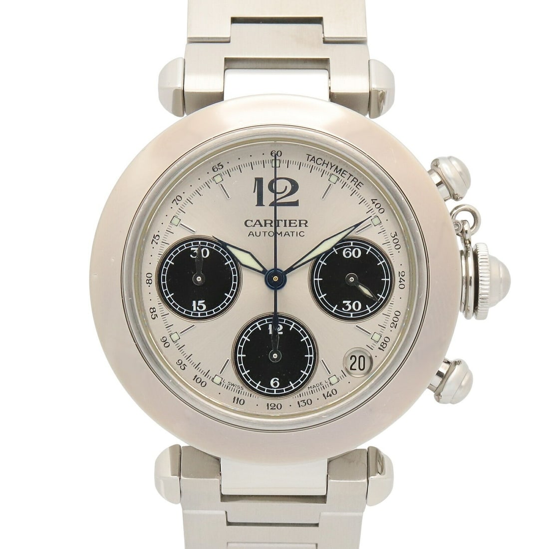 Cartier W31048M7 Pasha C Chronograph Automatic Wristwatch Steel Silver Dial: Cartier W31048M7 Pasha C Chronograph Automatic Wristwatch Steel Silver Dial Cartier Pasha C Chronograph automatic wristwatch with a silver dial and stainless steel construction. This pre-owned unisex 