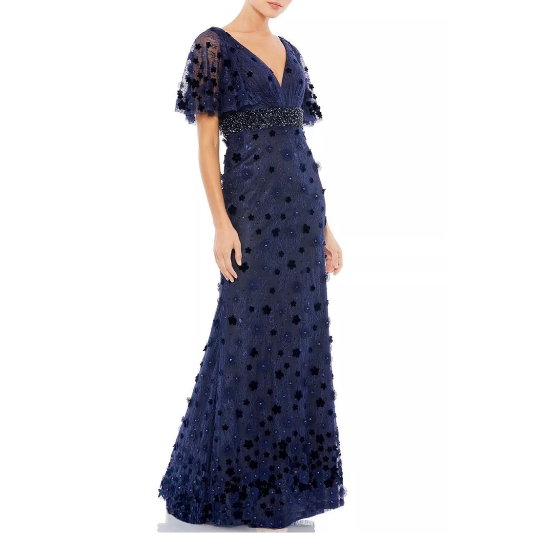 Mac Duggal Navy Blue Floral Applique Flutter Sleeve Gown Size 8: Mac Duggal Navy Blue Floral Applique Flutter Sleeve Gown Size 8 Elevate your formal wardrobe with this stunning Mac Duggal Floral Applique Embellishment Flutter Sleeve Lace Gown in Navy Blue. Designed
