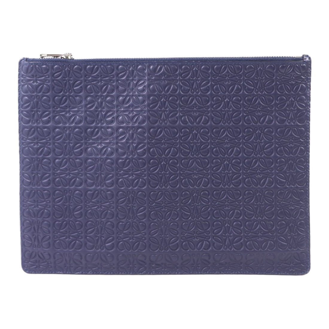 LOEWE navy calfskin pouch SHW: LOEWE navy calfskin pouch SHW This Loewe pouch is crafted from navy blue calfskin leather, offering a sleek and versatile accessory suitable for any unisex wardrobe. Made in Spain, the pouch features 