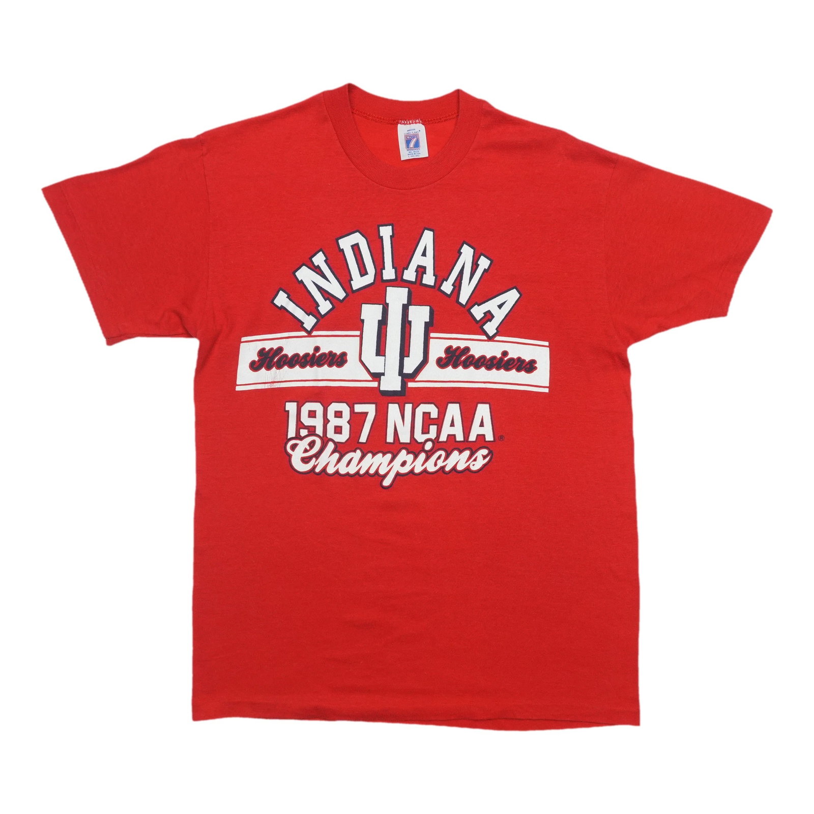 Vintage 1987 Indiana Hoosiers NCAA Champion Red Cotton T-Shirt: Vintage 1987 Indiana Hoosiers NCAA Champion Red Cotton T-Shirt This is an original vintage 1987 Indiana Hoosiers NCAA Champions shirt, not a modern reproduction. The shirt is made of 100% cotton in re
