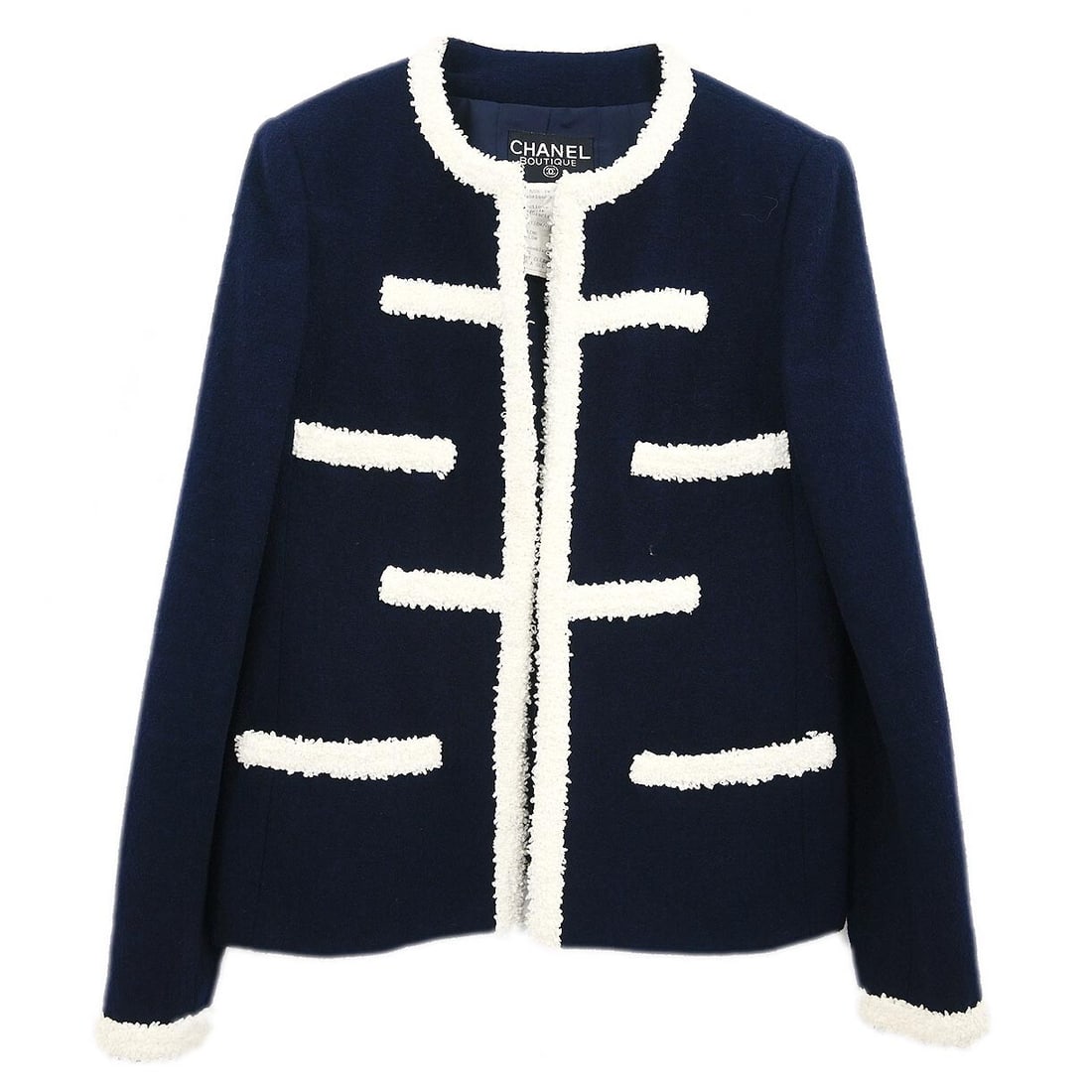Vintage CHANEL 95C Navy Collarless Wool Blend Jacket Size 38: Vintage CHANEL 95C Navy Collarless Wool Blend Jacket Size 38 Vintage Chanel collarless mid-length jacket in navy with long sleeves, a regular fit, and button-front closure. The piece features four ext
