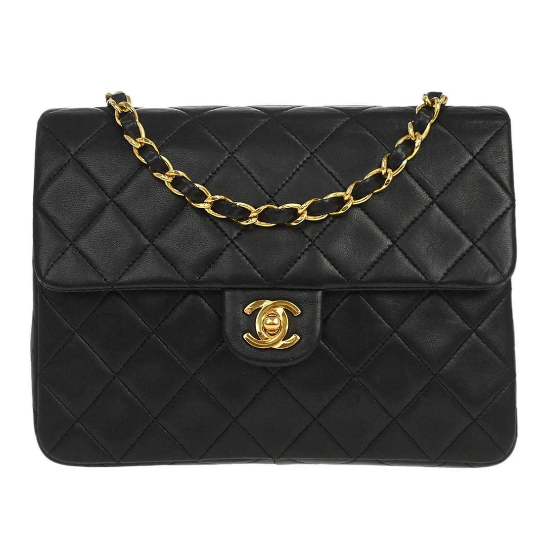 CHANEL Classic Flap square shoulder bag in black lambskin: CHANEL Classic Flap square shoulder bag in black lambskin Chanel Classic Square Flap shoulder bag in black lambskin leather with matelasse quilting and a flap turnlock closure. This small shoulder bag