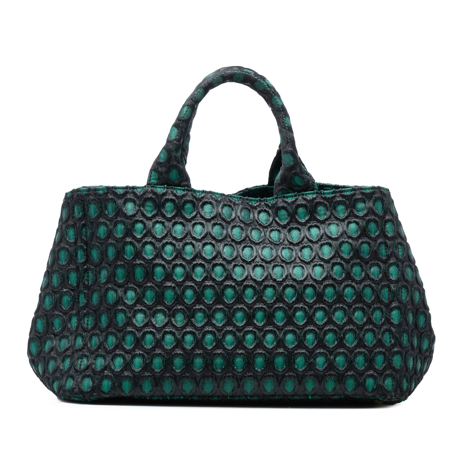 Green Prada Fabric Satchel Brocade Tote with Rolled Handles: Green Prada Fabric Satchel Brocade Tote with Rolled Handles This Prada Broccato Canapa Satchel features a brocade fabric body in green, rolled handles, an open top, and interior zip and slip pockets. 