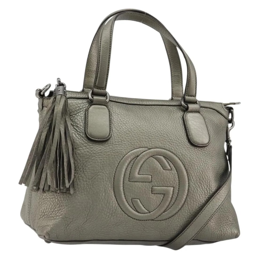 Gucci Soho Leather Convertible Top Handle Bag Silver: Gucci Soho Leather Convertible Top Handle Bag Silver This Gucci Soho Convertible Top Handle Bag is crafted from silver leather and designed for unisex use. Made in Italy, the bag features a spacious i