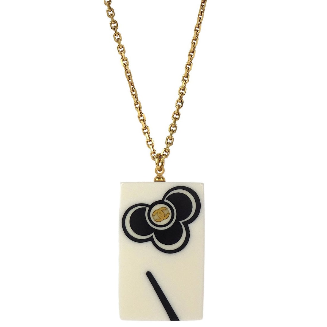 CHANEL 02P Gold Plated Chain Pendant Necklace White: CHANEL 02P Gold Plated Chain Pendant Necklace White Chanel chain necklace pendant in gold-plated metal with white acrylic accents. This piece features a rectangular padlock-style pendant and comes wit