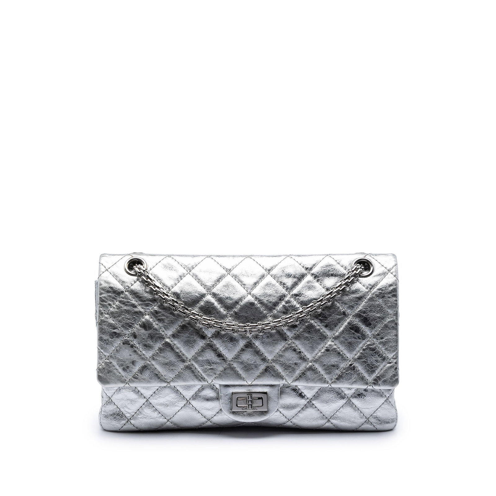 Chanel Reissue 2.55 226 Metallic Quilted Calfskin Shoulder Bag: Chanel Reissue 2.55 226 Metallic Quilted Calfskin Shoulder Bag This Chanel Reissue 2.55 Double Flap 226 bag is crafted in quilted metallic aged calfskin with chain link straps, a twist-lock closure, a