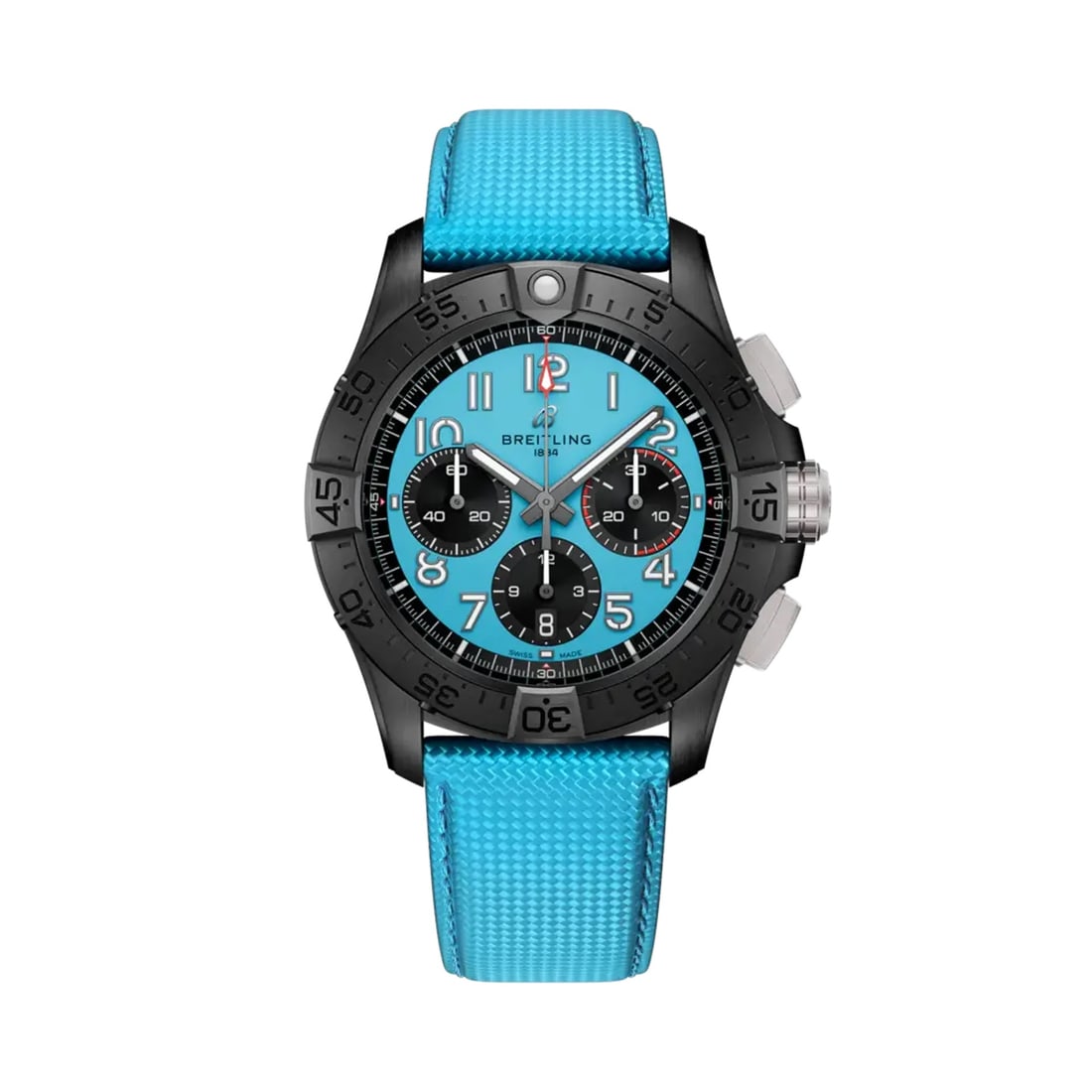 Breitling Avenger B01 Chronograph Turquoise Dial Mens Watch with Card: Breitling Avenger B01 Chronograph Turquoise Dial Mens Watch with Card The Breitling Avenger B01 Chronograph features a vibrant turquoise dial complemented by a matching turquoise leather bracelet. Thi
