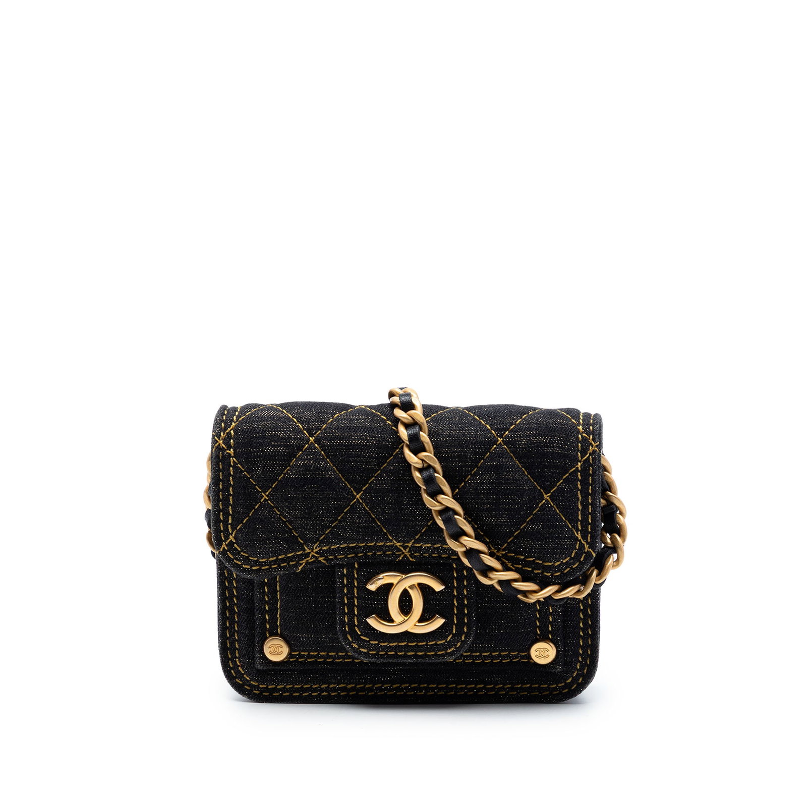 Chanel Double You Chain Card Holder Mini Quilted Denim Bag: Chanel Double You Chain Card Holder Mini Quilted Denim Bag A compact Chanel card holder with chain crafted in quilted blue denim. This crossbody style features a leather-woven chain strap, a flap with