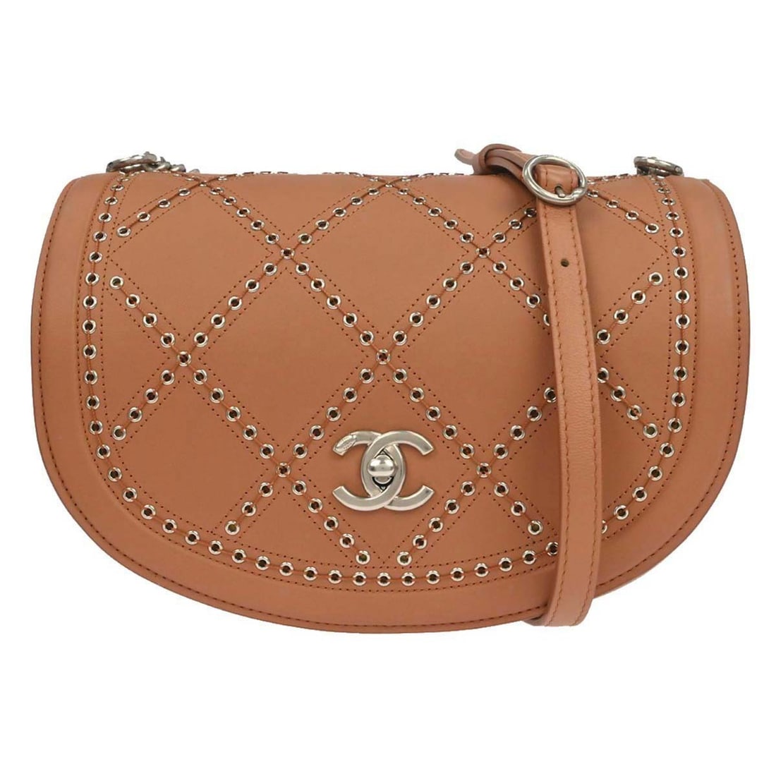 CHANEL Coco Eyelets Round Flap Shoulder Bag Brown Calfskin: CHANEL Coco Eyelets Round Flap Shoulder Bag Brown Calfskin Chanel Coco Eyelets Round Flap shoulder bag in brown calfskin leather. This medium women's bag is made in Italy and features a flap silhouett