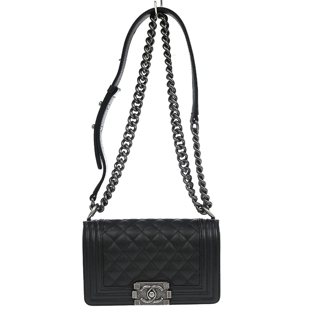 CHANEL Boy Chanel Mini Black Caviar Leather Shoulder Bag: CHANEL Boy Chanel Mini Black Caviar Leather Shoulder Bag Boy Chanel small chain shoulder bag in black caviar skin leather with a clasp flap closure and chain shoulder strap. The bag has a fabric linin