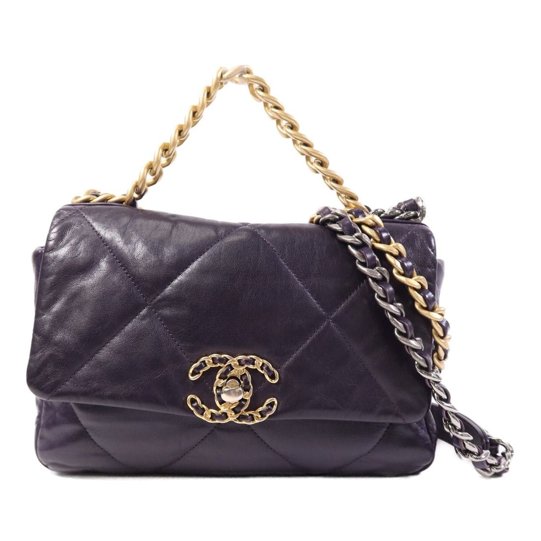 Chanel 19 Small Purple Calfskin 2 Way Shoulder Bag with Gold Hardware: Chanel 19 Small Purple Calfskin 2 Way Shoulder Bag with Gold Hardware This CHANEL 19 small two-way shoulder bag features a luxurious purple calfskin leather exterior and showcases the signature CC det