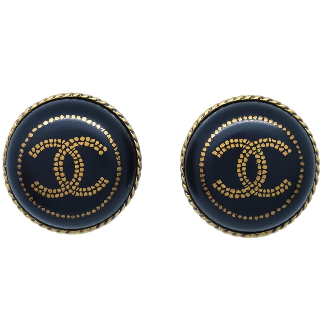 CHANEL 00A Round Clip-On Button Earrings Black Gold: CHANEL 00A Round Clip-On Button Earrings Black Gold Clip-on Chanel button earrings in a round design with a black and gold color combination. Made in France, these earrings feature acrylic and gold-pl