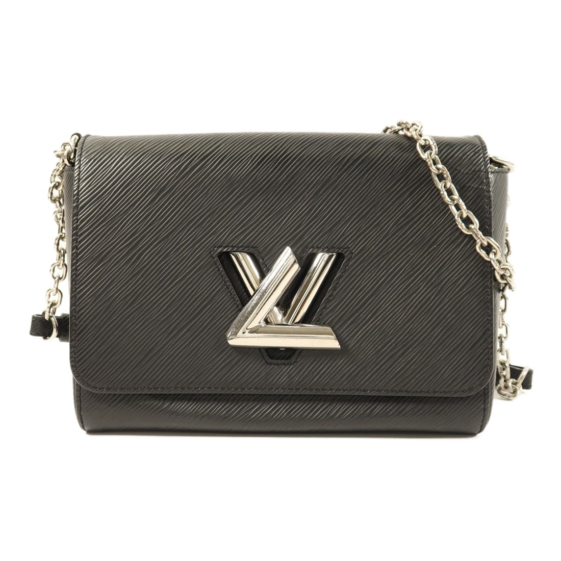 Black Epi Leather Twist MM Shoulder Bag by Louis Vuitton M21110: Black Epi Leather Twist MM Shoulder Bag by Louis Vuitton M21110 This Louis Vuitton Twist MM shoulder bag is crafted from black Epi leather with a calfskin exterior. Designed for women, it features sil