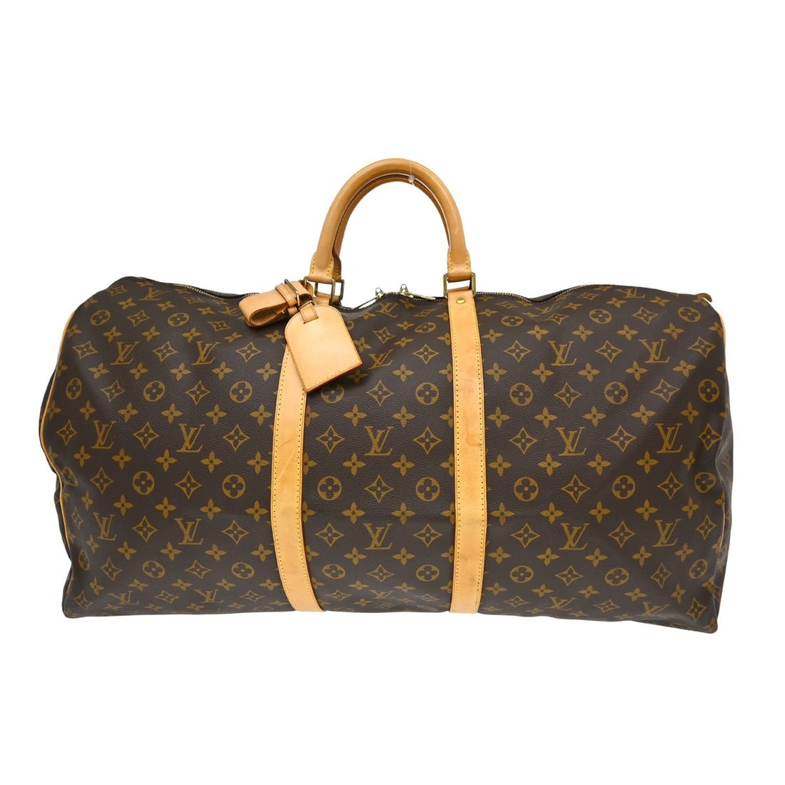 Louis Vuitton Keepall 60 Monogram Duffle Bag M41422 France: Louis Vuitton Keepall 60 Monogram Duffle Bag M41422 France Vintage Louis Vuitton Keepall 60 travel handbag in brown Monogram canvas with leather trim and double handles. This extra large duffle-style 