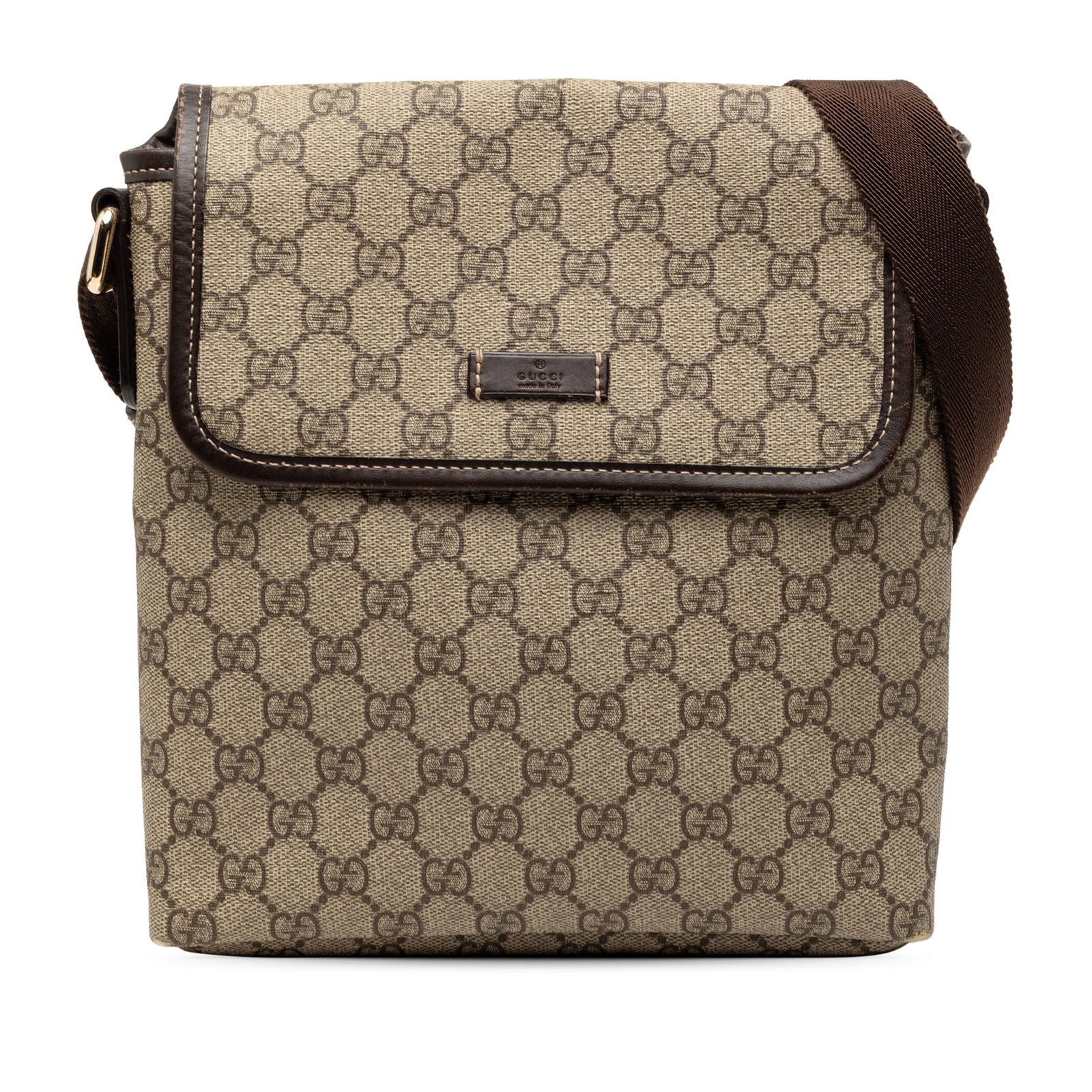 Gucci GG Supreme Beige Canvas Crossbody Bag with Leather Trim: Gucci GG Supreme Beige Canvas Crossbody Bag with Leather Trim This Gucci GG Supreme Crossbody bag features a beige coated canvas body with leather trim, an adjustable flat strap, a front flap with mag