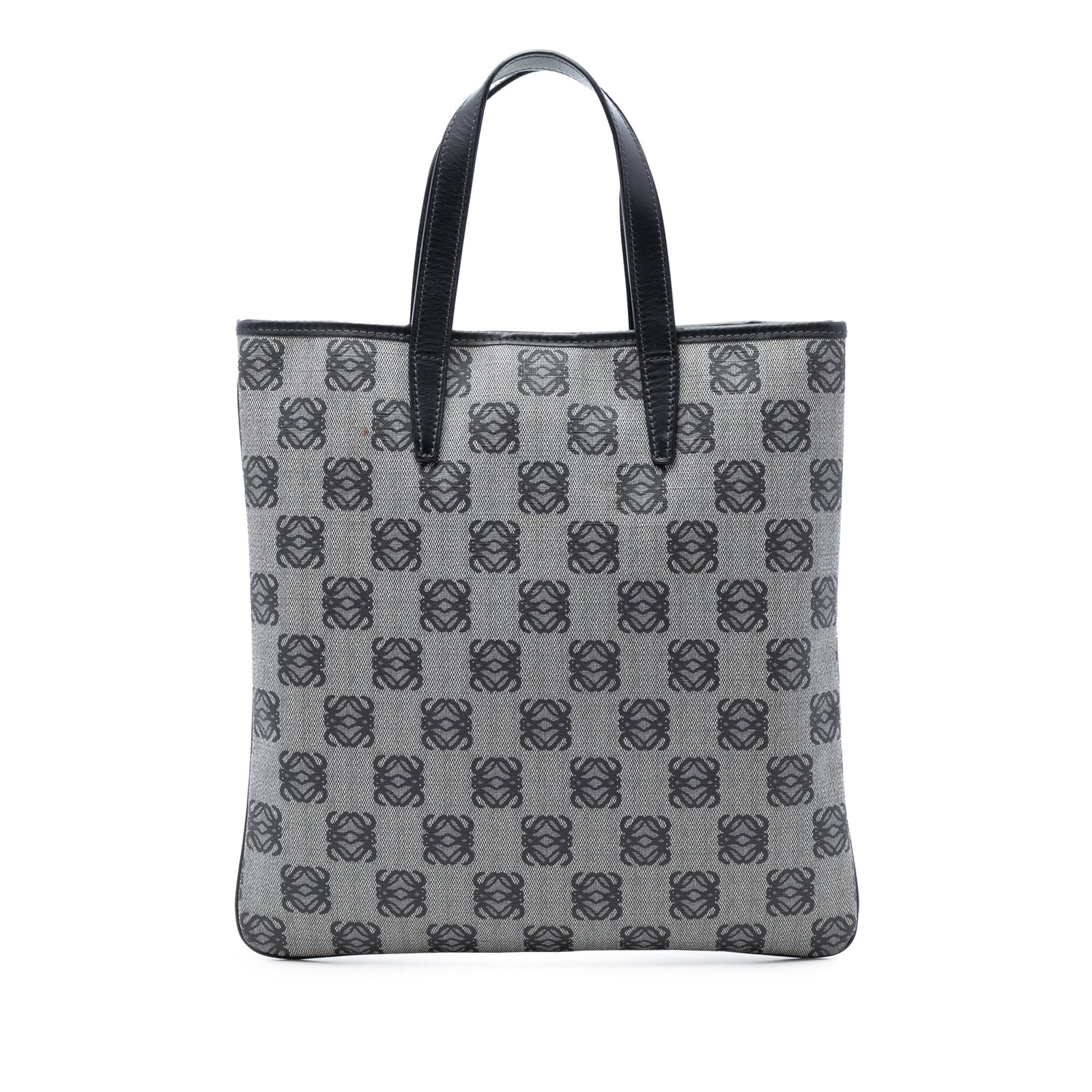 Loewe Anagram Gray Coated Canvas Tote Bag with Leather Trim: Loewe Anagram Gray Coated Canvas Tote Bag with Leather Trim This LOEWE Anagram Coated Canvas Tote features a coated canvas body with leather trim, flat leather handles, an open top with magnetic closu